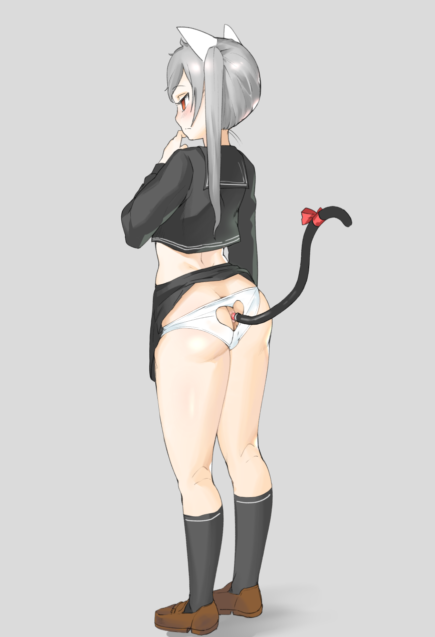 1girls anal animal_ears anus ass ass_cleavage black_shirt black_skirt black_socks blush bow brown_shoes butt_crack buttplug buttplug_tail cat_ears cat_tail closers clothing fake_animal_ears fake_tail female from_behind full_body grey_background grey_hair half-closed_eyes hand_to_own_mouth hand_up heart_cutout highres kneehighs long_sleeves moebell panties partially_visible_vulva ponytail red_bow red_eyes school_uniform serafuku shirt shoes side_ponytail simple_background skirt skirt_lift socks solo standing tail tied_hair tina_(closers) uniform white_panties