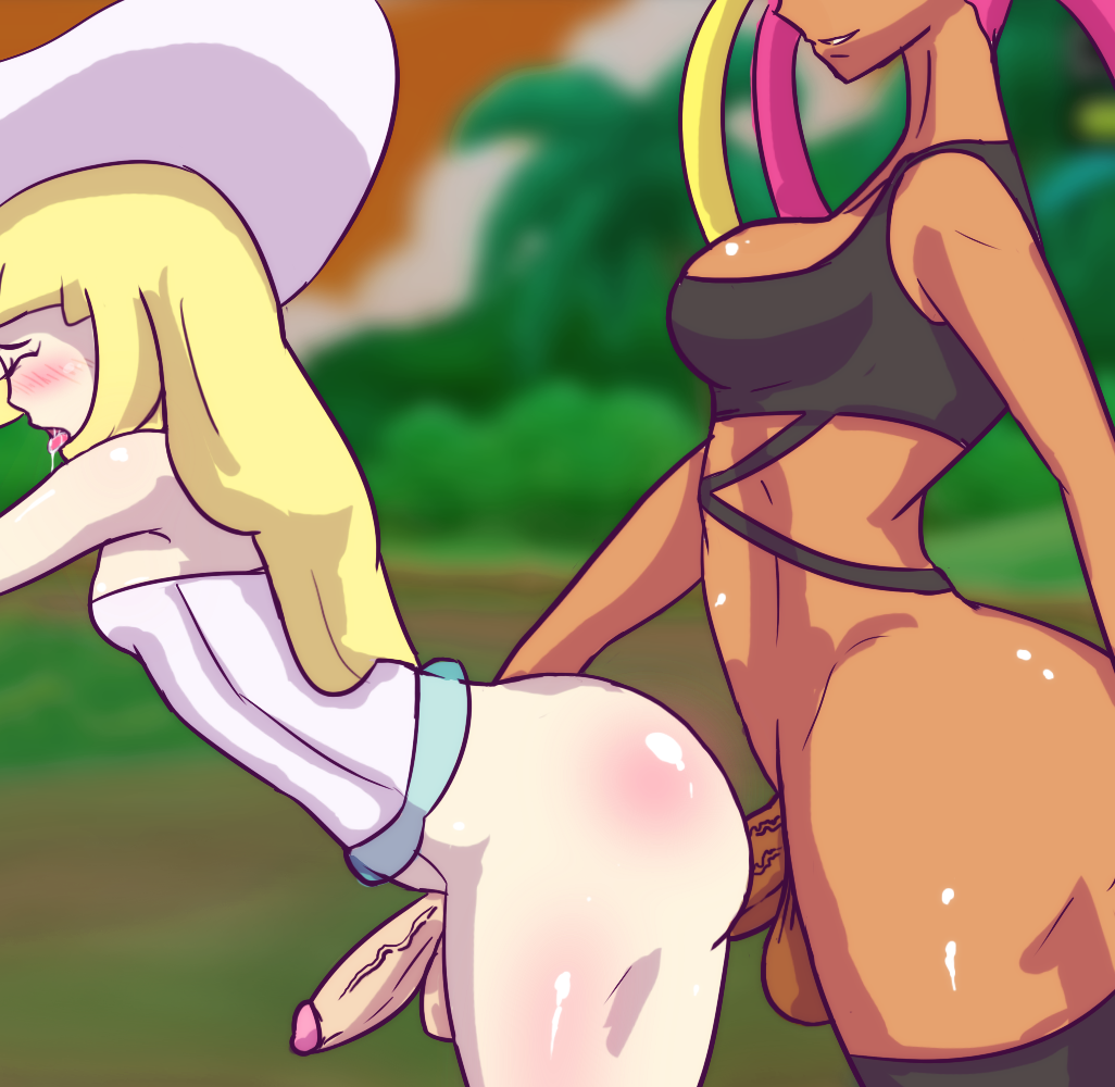 anal armpits ass ass_grab bare_shoulders blonde_hair blush bottomless cleavage closed_eyes dark-skinned_futanari dark_skin drooling erection eyelashes from_behind from_behind_position futa_on_futa futanari hat human human_only interracial lillie_(pokemon) long_hair nintendo outdoors penis pink_hair plasma-demo plumeria_(pokemon) pokemon pokemon_sm quad_tails saliva sex shirt sideboob smile standing team_skull testicles thighhighs veins veiny_penis