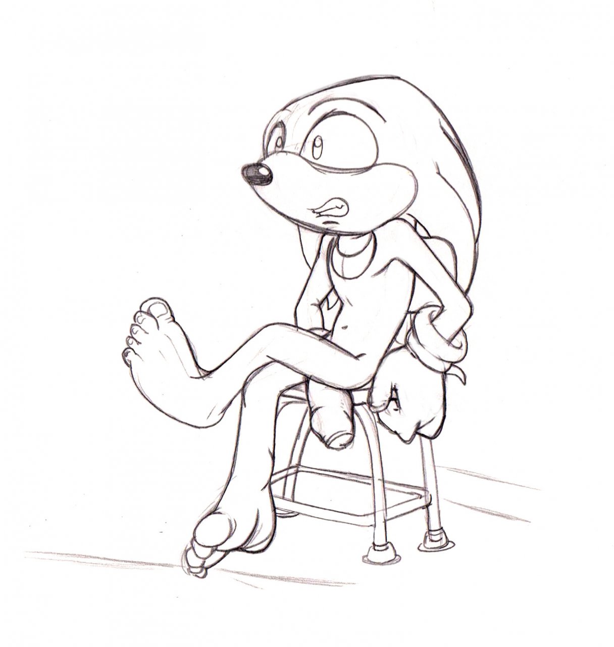 big_feet big_penis chair clenched_teeth feet hi_res knuckles_the_echidna male male_only monochrome neokat omorashi penis sitting solo sonic_(series) teeth traditional_media_(artwork)