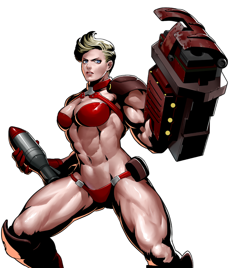 abs bikini blonde_hair blue_eyes breasts destrade_(metal_slug) female female_only metal_slug metal_slug_attack muscles muscular_female navel rocket solo thick_thighs thong weapon