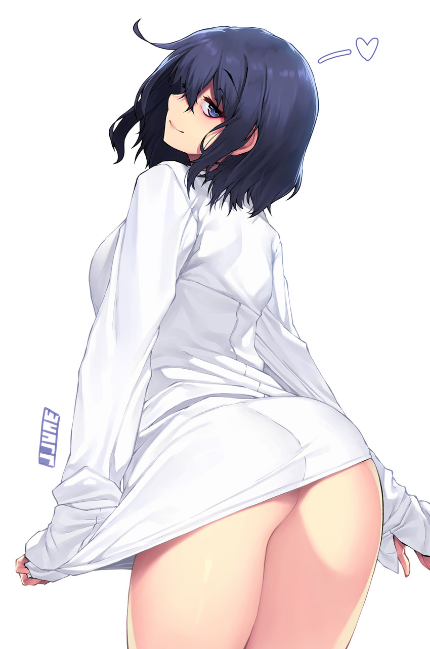 arms at sides, ass, big ass, bottomless, cowboy shot, heart, jjune, looking at viewer, original, original character, shirt, shirt pull, smile, thighs, voluptuous
