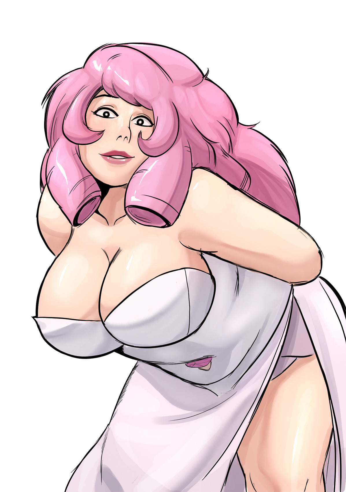 1girls, bent over, breasts, dress, female, female only, gem (species), naavs, pink hair, plump, rose quartz (steven universe), smile, solo, steven universe, thick thighs