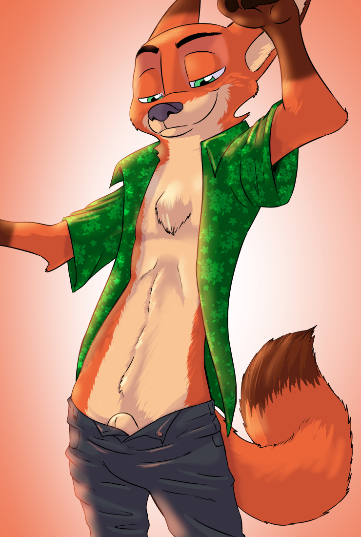 2017 akiric animal_genitalia anthro bare_chest canine chest_tuft clothed clothing dipstick_tail disney fox gradient_background green_eyes half-closed_eyes male male_only mammal multicolored_tail navel_tuft nick_wilde no_underwear open_pants open_shirt penis sheath simple_background smile solo standing tuft zootopia