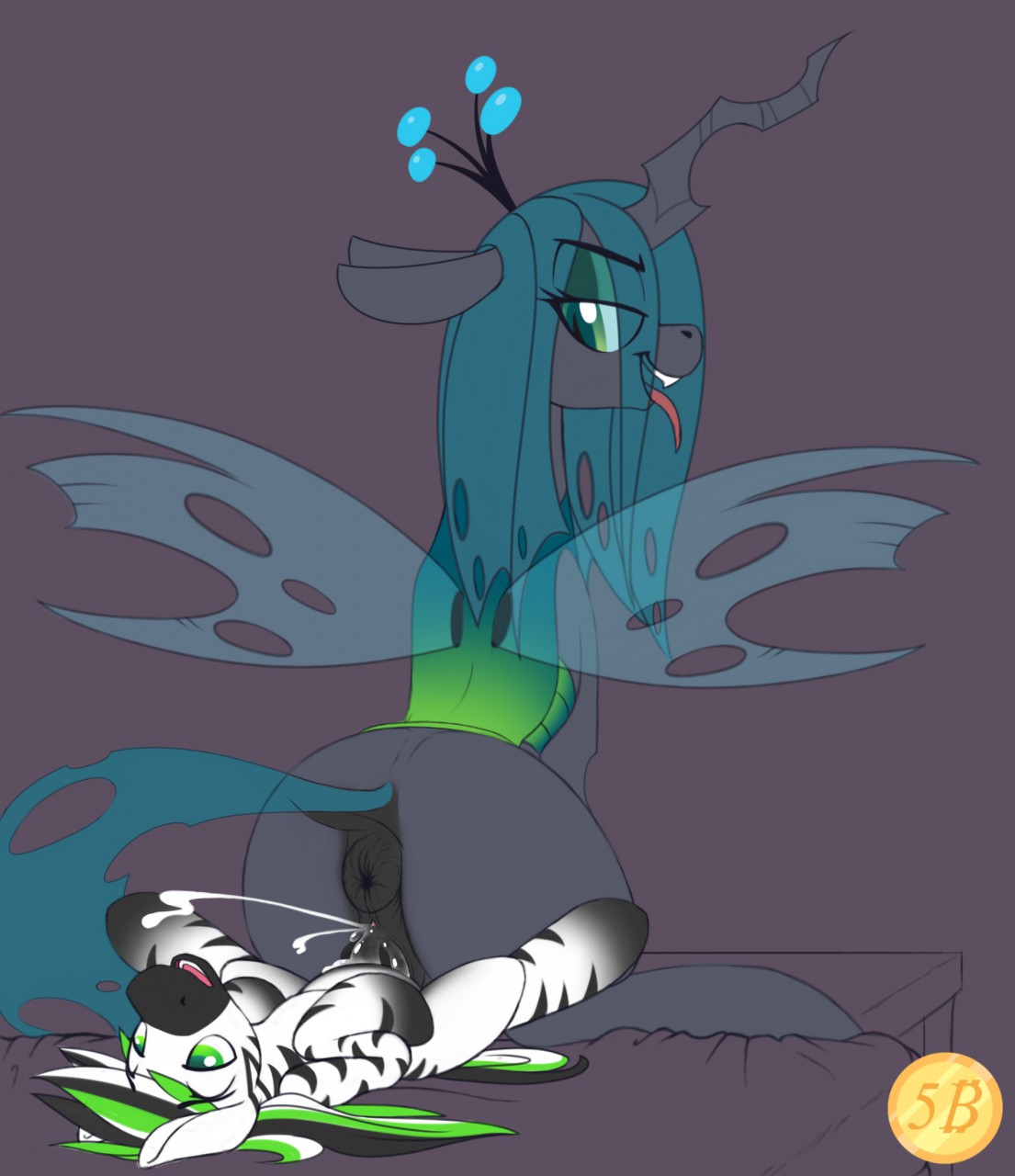 2017 5bitsabuck anus ass bed changeling cum cum_in_pussy cum_inside dock duo equine female feral feral_on_feral friendship_is_magic green_eyes hair hi_res insect_wings larger_female long_hair looking_back lying male mammal multicolored_hair my_little_pony on_back on_bed open_mouth penetration penis pussy queen_chrysalis_(mlp) sex size_difference slit_pupils smaller_male spread_legs spreading straight tongue tongue_out vaginal_penetration wings zebra