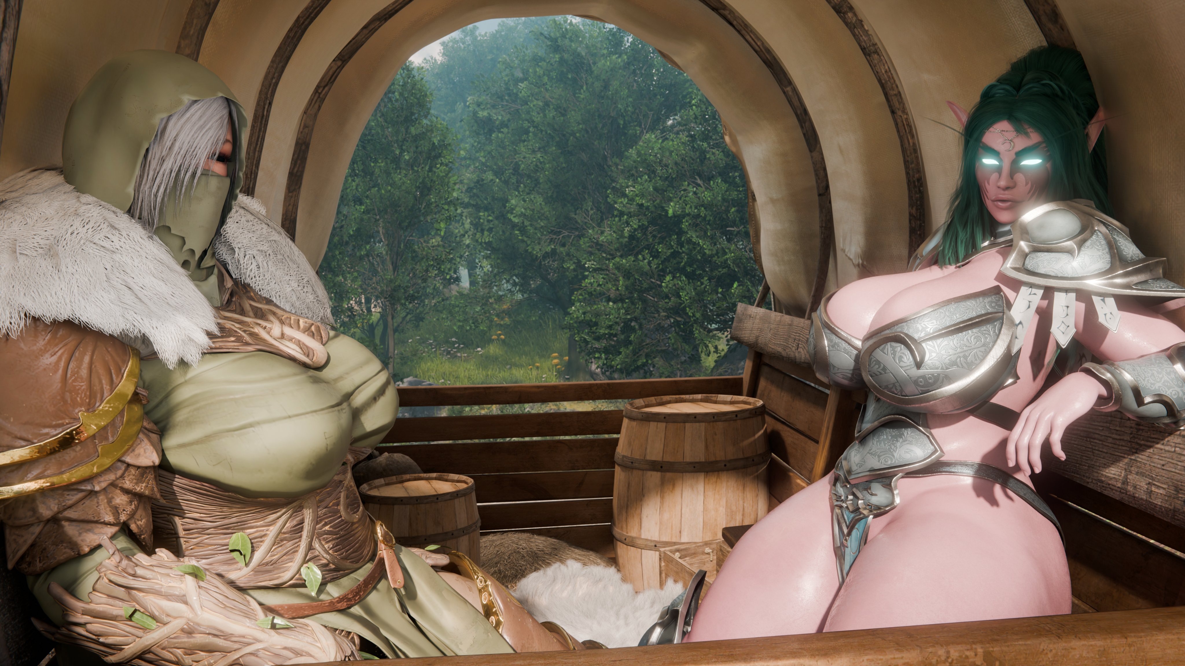 2025, 2girls, 3d, breasts, cleavage, clothed, duo, elf, female, female only, guidugalle, guimontag, huge breasts, kerillian, large breasts, looking at viewer, revealing clothes, sitting, tagme, tyrande whisperwind, vermintide, warhammer (franchise), warhammer fantasy, world of warcraft