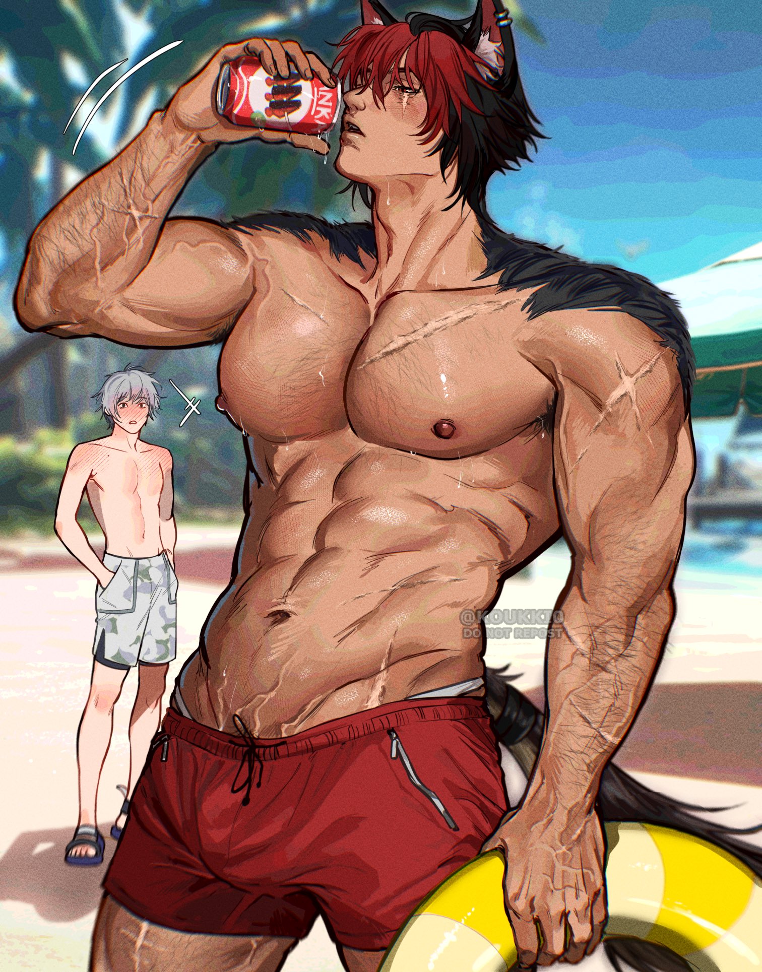 2boys, abs, animal ears, beach, big pecs, blush, bulge, chest hair, dog ears, flaccid, full body, gay, hairy, hairy male, highres, komano manato, male, male focus, male only, male underwear, muscular, muscular male, nipples, official alternate costume, open mouth, pecs, red shorts, scar, short shorts, shorts, sweat, sweatdrop, sweating, tail, topless, topless male, underwear, vein, veins, wise (peaceful waves) (zenless zone zero), wise (zenless zone zero), yaoi, yukaero4, zenless zone zero