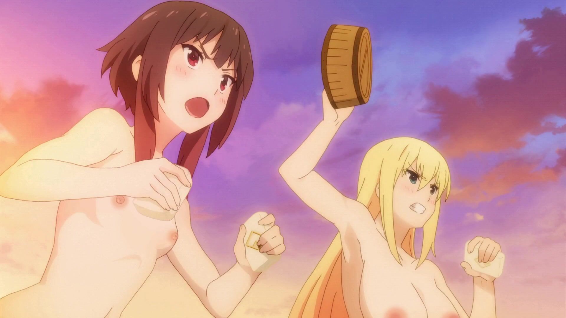 2girls, blonde hair, breasts, brown hair, darkness (konosuba), edit, female, kono subarashii sekai ni shukufuku wo!, large breasts, megumin, screenshot edit, small breasts, tagme