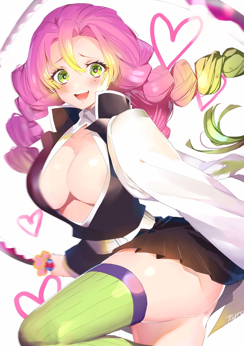 1girls, blush, braid, breasts, cleavage, demon slayer, female, female only, green eyes, green legwear, green socks, green thighhighs, haori, human, kanroji mitsuri, kimetsu no yaiba, legs, legwear, no bra, pink hair, pink-haired female, pleated skirt, skirt, smile, socks, solo, sword, thigh socks, thighhighs, thighs