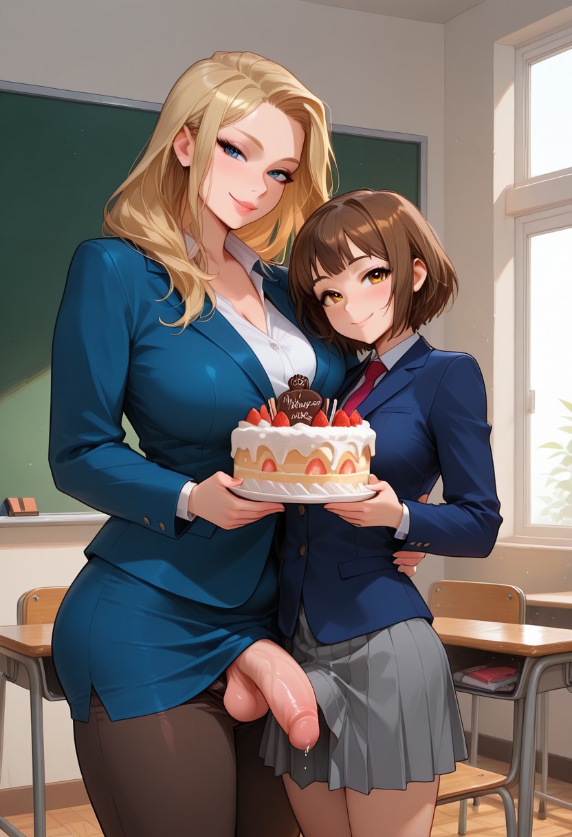 2futas, age difference, ai generated, big breasts, big penis, birthday, birthday cake, blonde hair, breasts, brown hair, cake, charv, female, futa on futa, futa only, futadom, futanari, intersex, katherine (charv), luna (charv), milf, penis, short hair, size difference