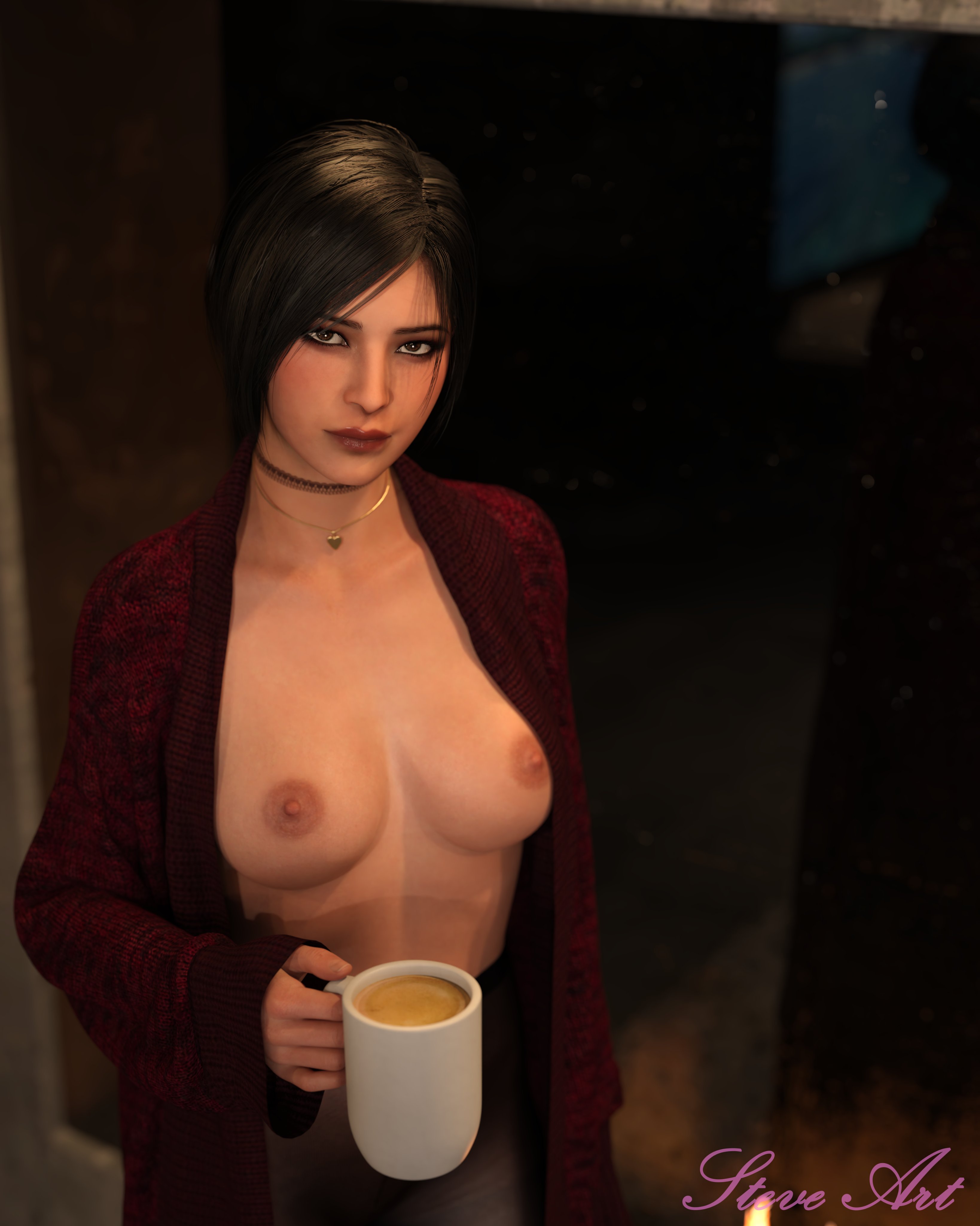 1girls, 3d, 3d (artwork), 3d model, 3d render, ada wong, ada wong (adriana), almost naked, almost nude, areolae, artist signature, asian, asian female, black hair, breasts, breasts out, brown eyes, choker, coffee, coffee cup, coffee mug, fit female, highres, holding object, looking at viewer, looking up, mature female, necklace, nipples, pantyhose, reflection, resident evil, resident evil 4, robe, robe only, short hair, steveart0929