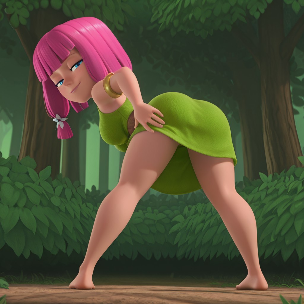 1girls, 2025, 3d, ai generated, archer (clash of clans), archer (clash royale), background, barefoot, blue eyes, breasts, bushes, civitai, clash (series), clash of clans, clash royale, d3rmal, enjoying, feet, female, forest, grabbing, half-closed eyes, hand on ass, jack-o' pose, legs, lips, long hair, looking at viewer, medium breasts, naughty face, pink hair, seductive, solo, supercell, tagme, tree, vest
