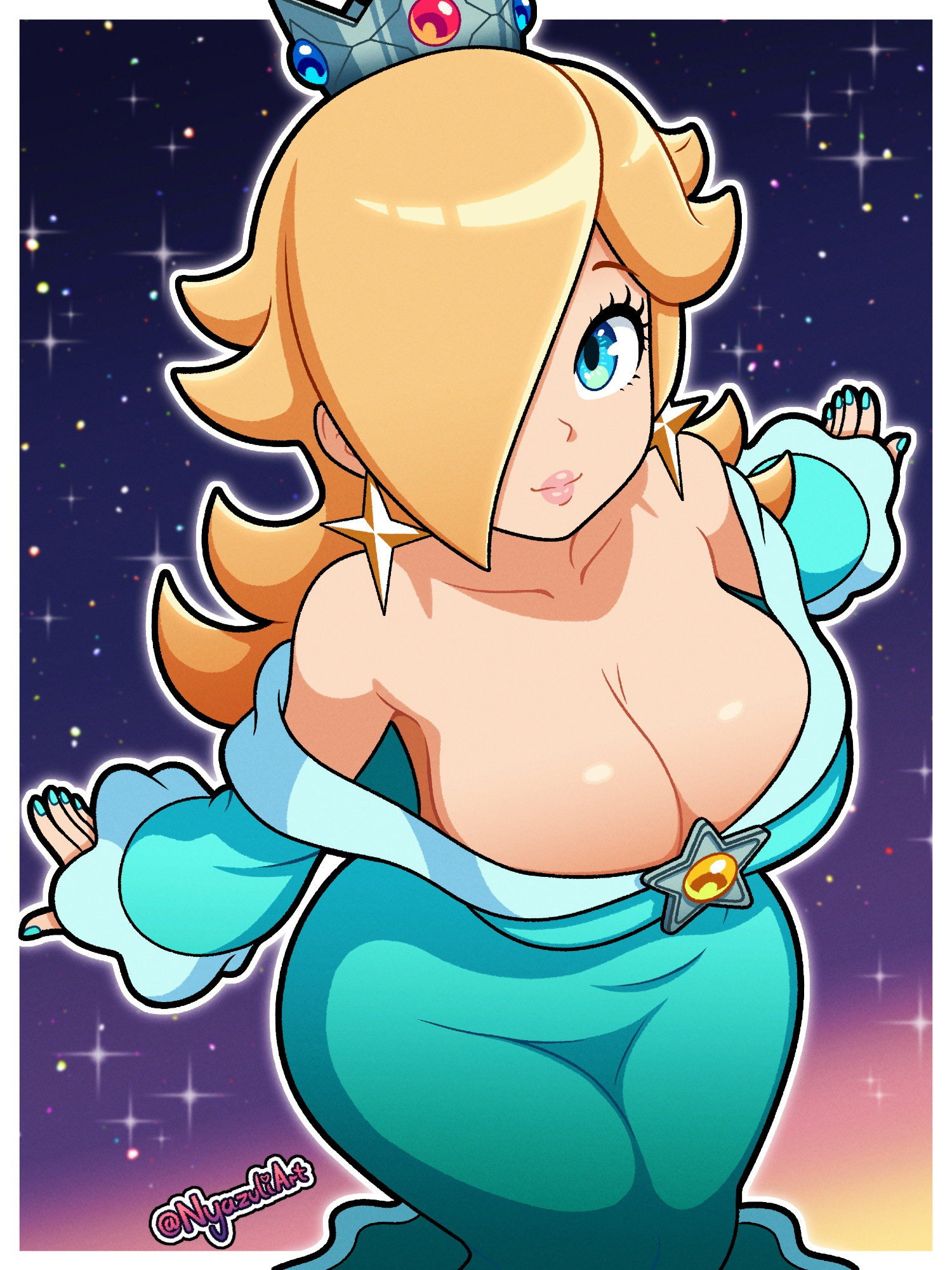 big breasts, big thighs, blonde hair, blue dress, blue eyes, boobs, breasts, cleavage, cleavage dress, hentai, looking at viewer, mario (series), nyazuliart, outer space, princess rosalina, rosalina, space, super mario bros., super mario galaxy
