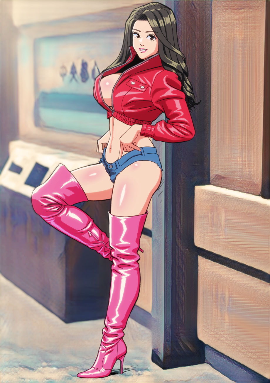 1girls, adult, adult female, asian, asian female, asian girl, big breasts, big chest, boot fetish, boots, breasts, chest, clothes, enkaboots, fashion, female, female focus, female only, gloves, high heel boots, high heels, jacket, jean shorts, knee boots, kneehigh boots, leather, leather boots, leather clothing, leather jacket, long legs, looking at viewer, midriff, midriff showing, original, original character, original characters, pink boots, red jacket, seducing, seductive, short shorts, shorts, smile, smiling at viewer, tall boots, teasing, teasing viewer, thigh boots, thigh highs, thighhigh boots, thighhighs, thighs