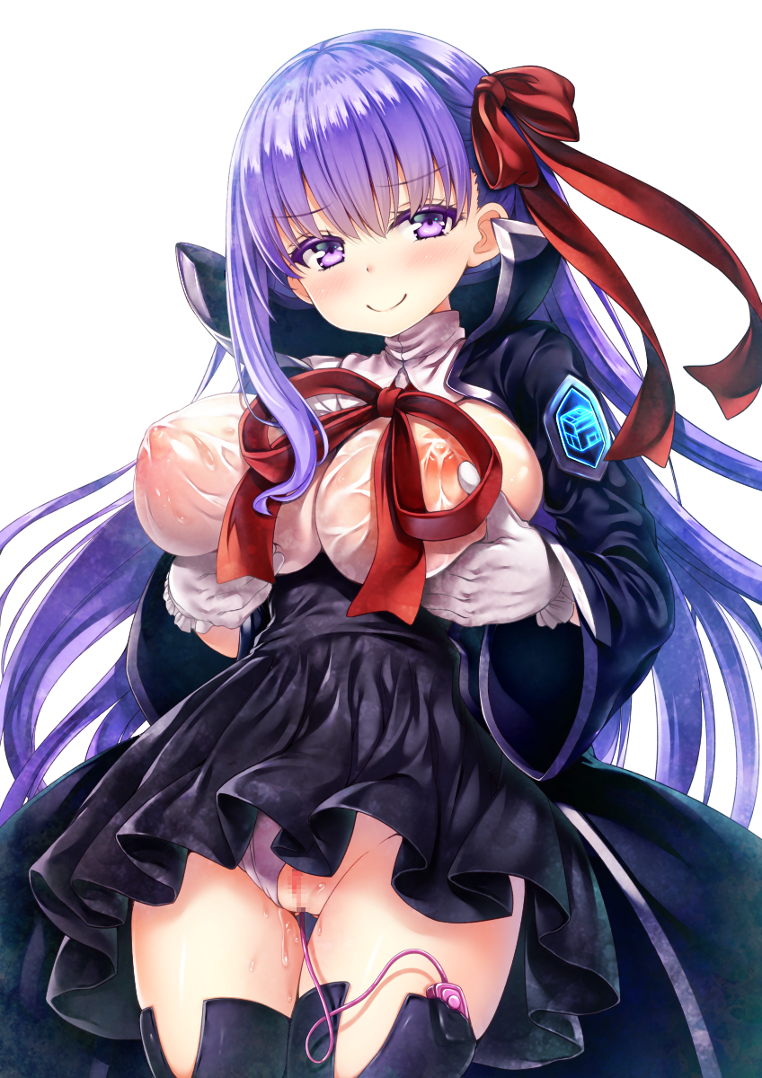 1girls ass_visible_through_thighs bangs bb_(fate) black_skirt breast_grab breasts censored cowboy_shot fate/extra_ccc fate_(series) female gloves grabbing highres large_breasts long_hair long_sleeves looking_at_viewer mosaic_censoring nipples panties panties_aside purple_eyes purple_hair pussy pussy_juice red_ribbon ribbon see-through simple_background skirt smile solo standing thigh_gap thighhighs underwear very_long_hair vibrator vibrator_in_thighhighs white_background white_gloves wide_sleeves yako