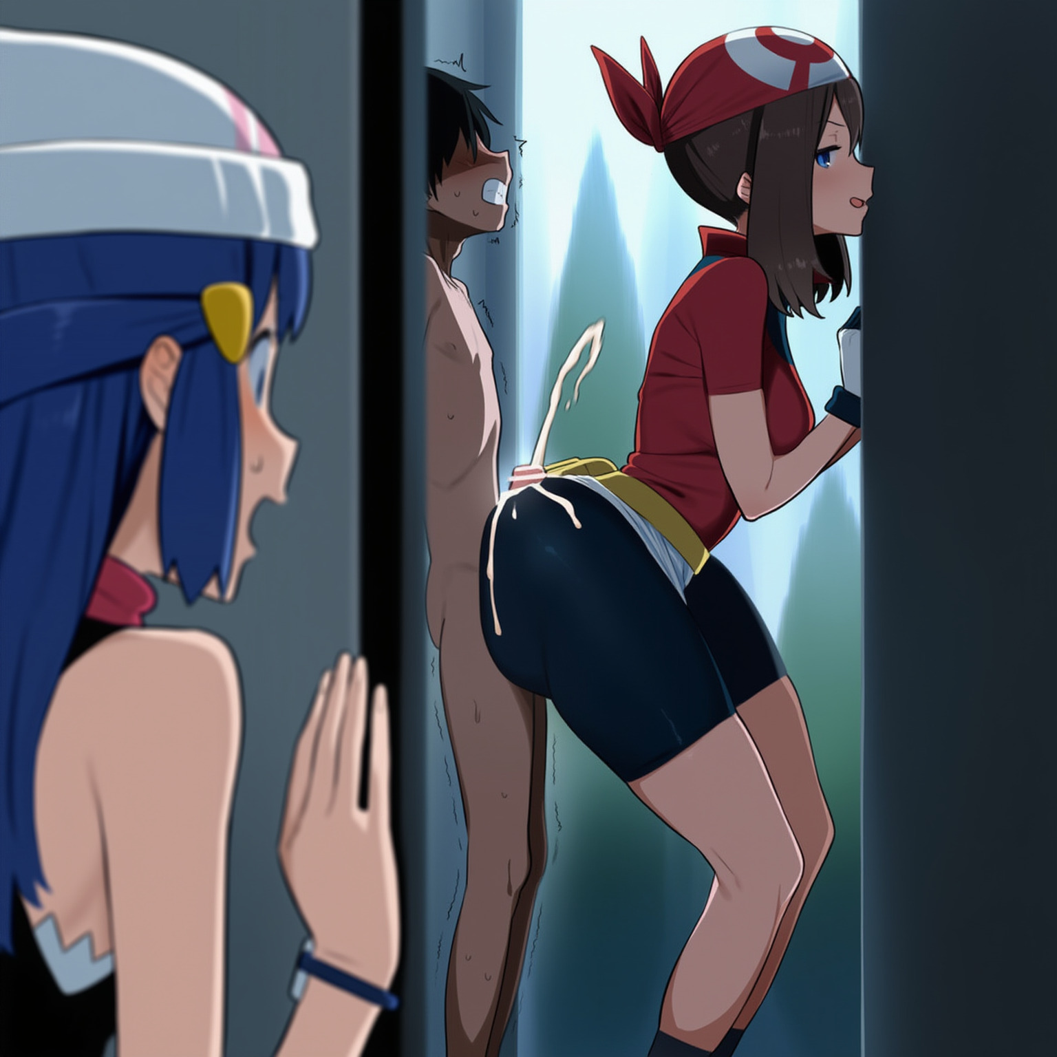 1boy, 2girls, ai generated, ass, assertive female, assjob, bigger female, bike shorts, bouncing ass, buttjob, censored penis, covered assjob, covered buttjob, cuckquean, cum, cum on ass, dawn (pokemon), female, huge ass, large ass, male, may (pokemon), may buttjob, multiple females, multiple girls, nintendo, outercourse, penis, pokemon, standing sex, taller female, thick ass, thick thighs, tight shorts