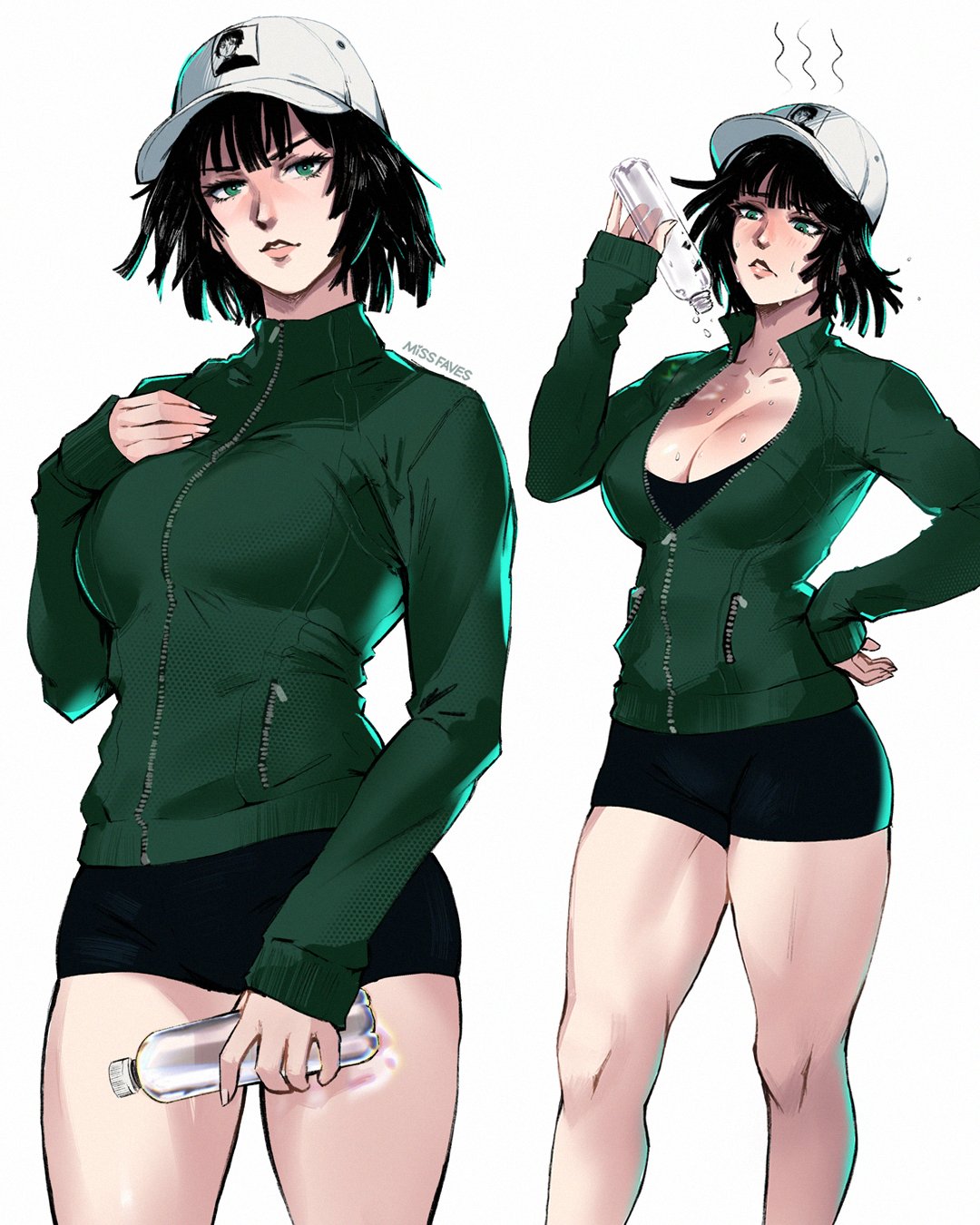 1girls, 2025, 2d, 2d (artwork), artist name, baseball cap, black hair, breasts, busty, cap, cleavage, clothed, clothed female, female, female only, fubuki (one-punch man), green eyes, gym clothes, gym shorts, hand on hip, human, human only, jacket, legs, light skin, light-skinned female, looking at viewer, missfaves, one-punch man, pouring on breasts, pouring on self, pouring onto self, pouring water, questionable, realistic proportions, short hair, shorts, simple background, unzipped jacket, water bottle, white background