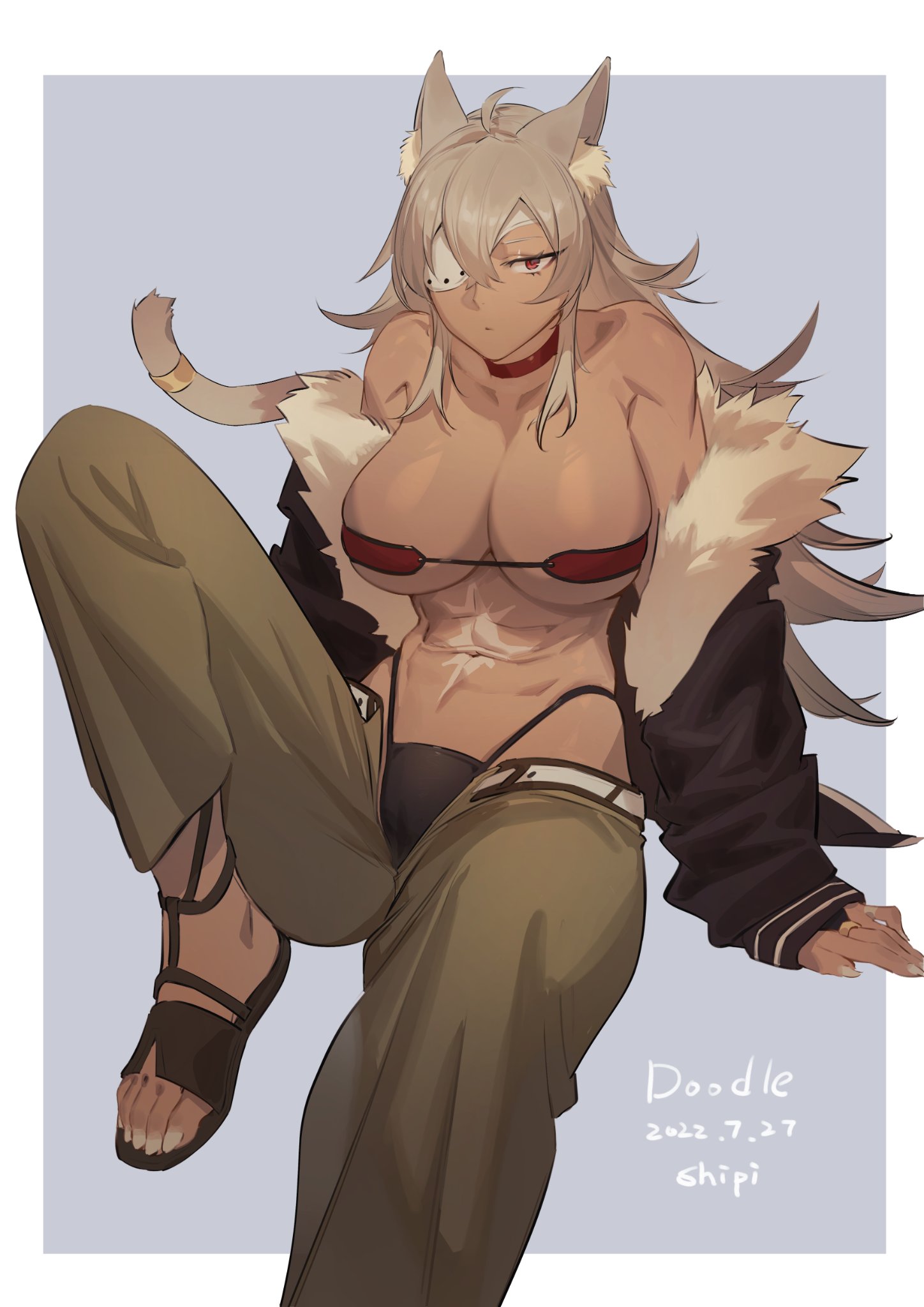 1girls, animal ears, breasts, brown hair, dark skin, dark-skinned female, eyebrows hidden by hair, eyepatch, feet, female, female only, ghislaine dedoldia, hair between eyes, highres, large breasts, long hair, looking at viewer, mushoku tensei, red eyes, sandals, scar, shen shipi (agil548g6h6), sitting, solo, stomach, tail, wolf ears, wolf girl, wolf tail