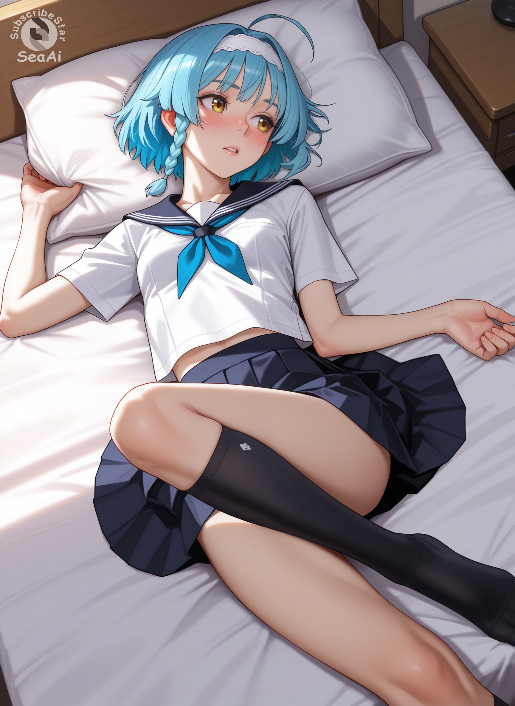 1girls, ai generated, bedroom, blush, female, indoors, knee socks, knee up, looking away, lying, lying on back, lying on bed, nonaka yuki, parted lips, school uniform, schoolgirl, seacreator, shinmai maou no testament, shirt, skinny, skinny female, skirt, socks