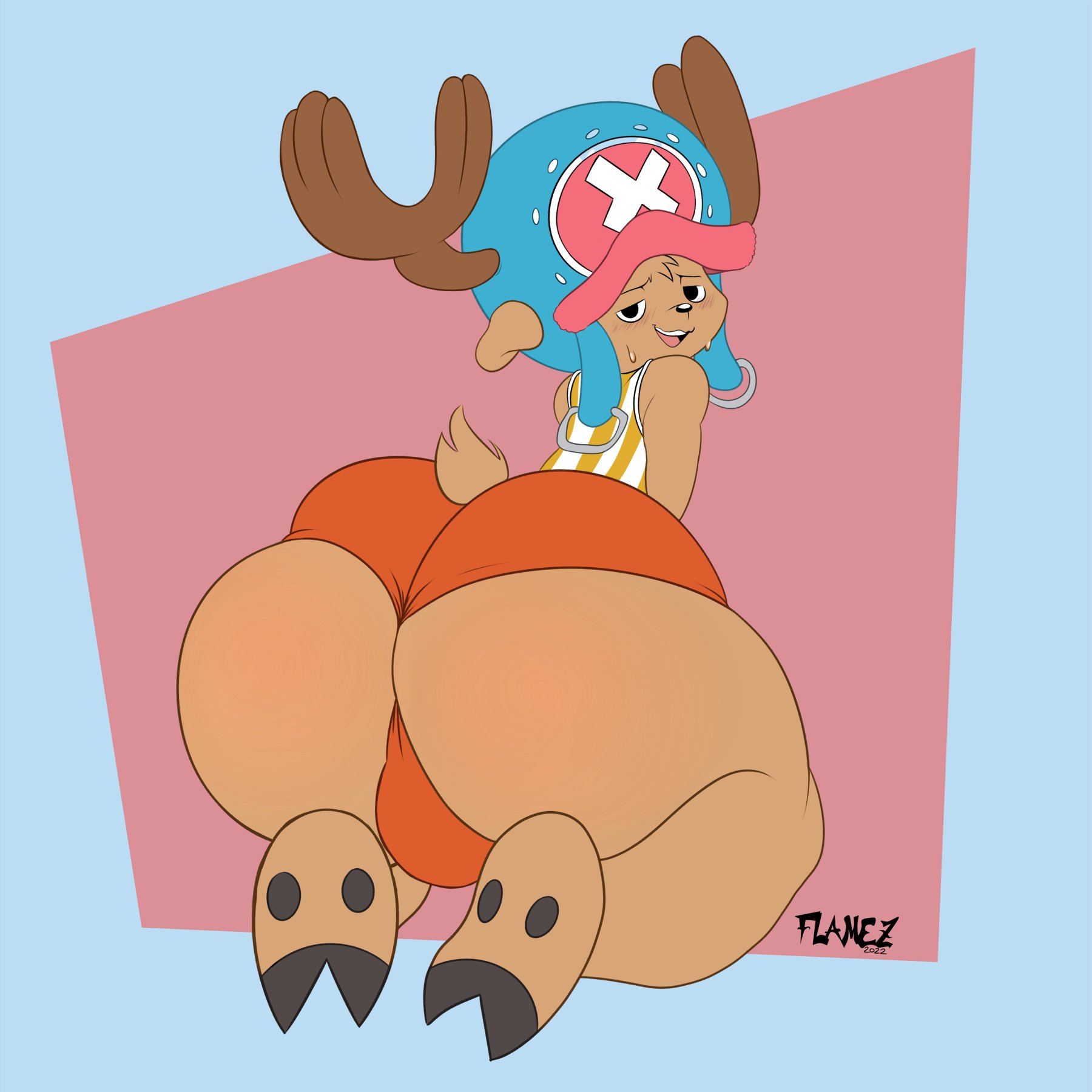 anthro, anthro male, anthro only, ass, ass bigger than head, ass crack, ass focus, balls, big ass, big balls, big butt, blush, blush lines, blushing, blushing at viewer, butt, butt focus, chopper, femboy, flamez, fully clothed, fur, gay, hat, looking at viewer, looking back, male, male only, one piece, reindeer, reindeer antlers, shortstack femboy, solo, solo anthro, solo focus, solo male, sweat, sweatdrop, sweating, tail, tomgirl, tony tony chopper