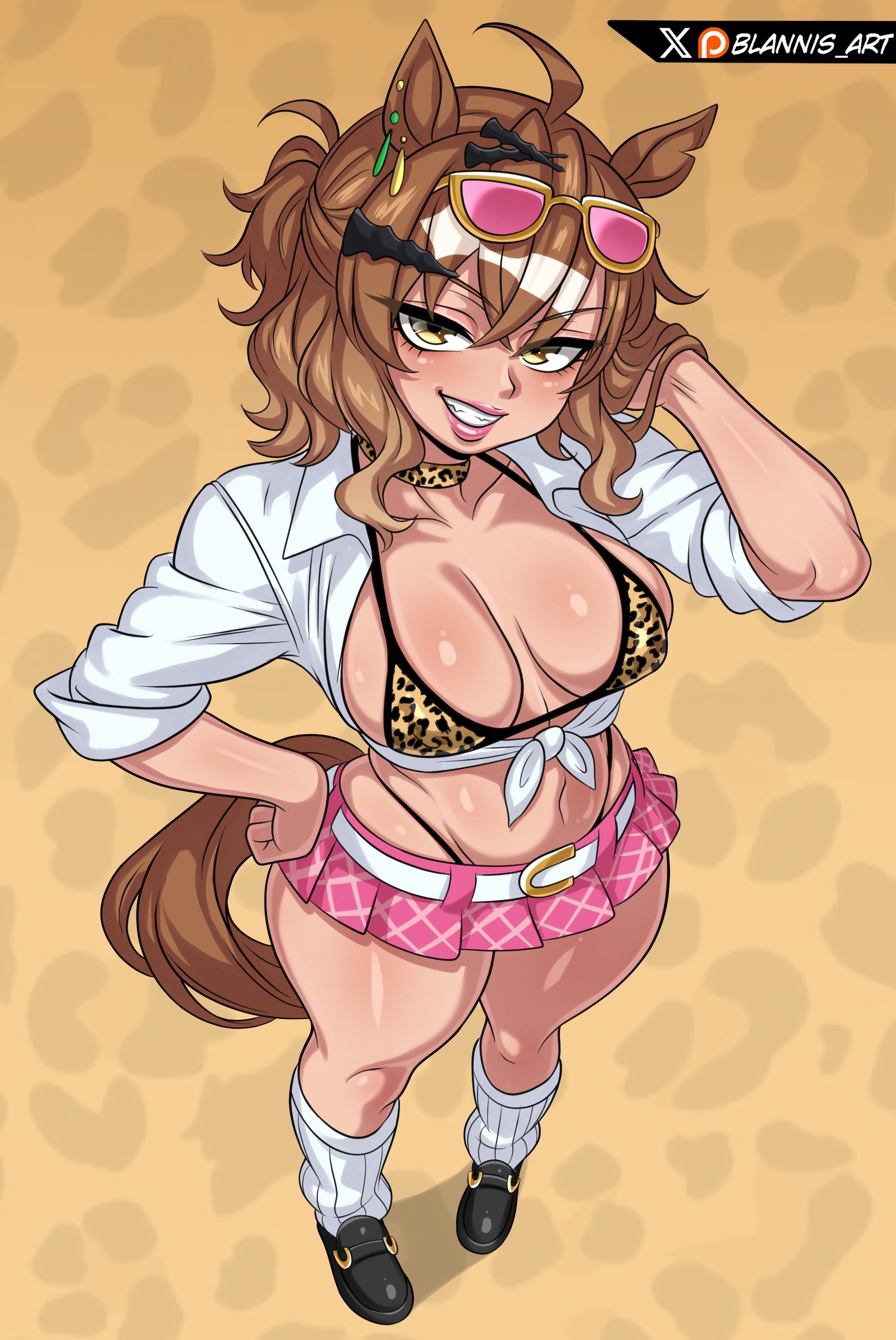 1girls, almost nude, blannis art, breasts, cleavage, female, female only, functionally nude, gyaru, jungle pocket (umamusume), miniskirt, panties, panties visible through clothing, revealing clothes, short skirt, skimpy clothes, skirt, thighs, thong, thong straps, umamusume