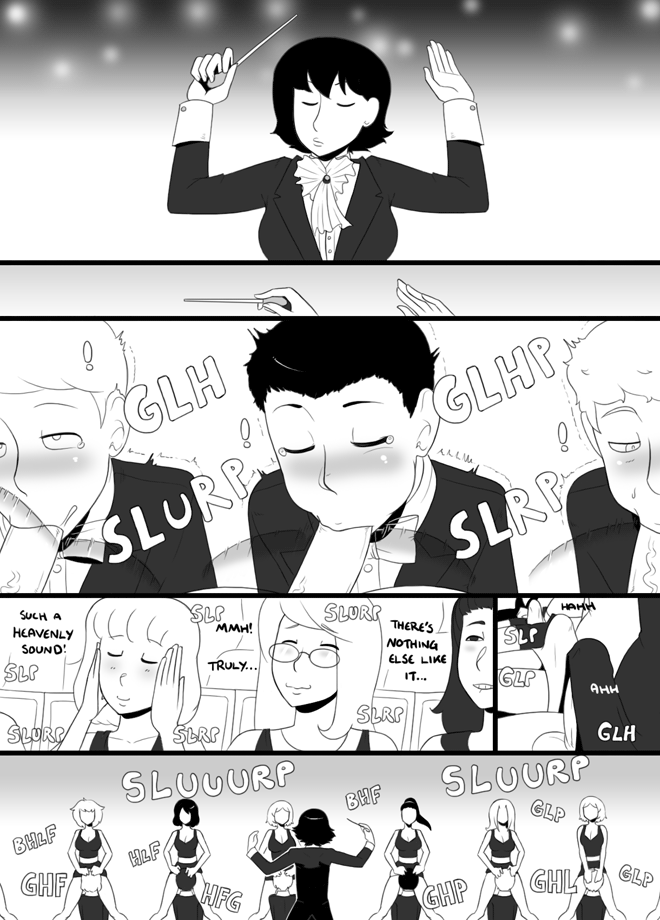 1boy, 1futa, breasts, comic, fellatio, futa on male, futanari, hand on head, intersex, male, male sucking futa, monochrome, nobody in particular, oral, penis, text