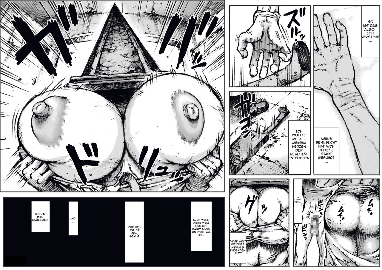 censored, comic, deutsch, double deck, double deck (artstyle), double deck seisakujo, end of location, female, female pyramid head, german, german text, human, james sunderland, monochrome, monster girl, parody, pyramid head, rule 63, silent hill, silent hill 2, straight, translated