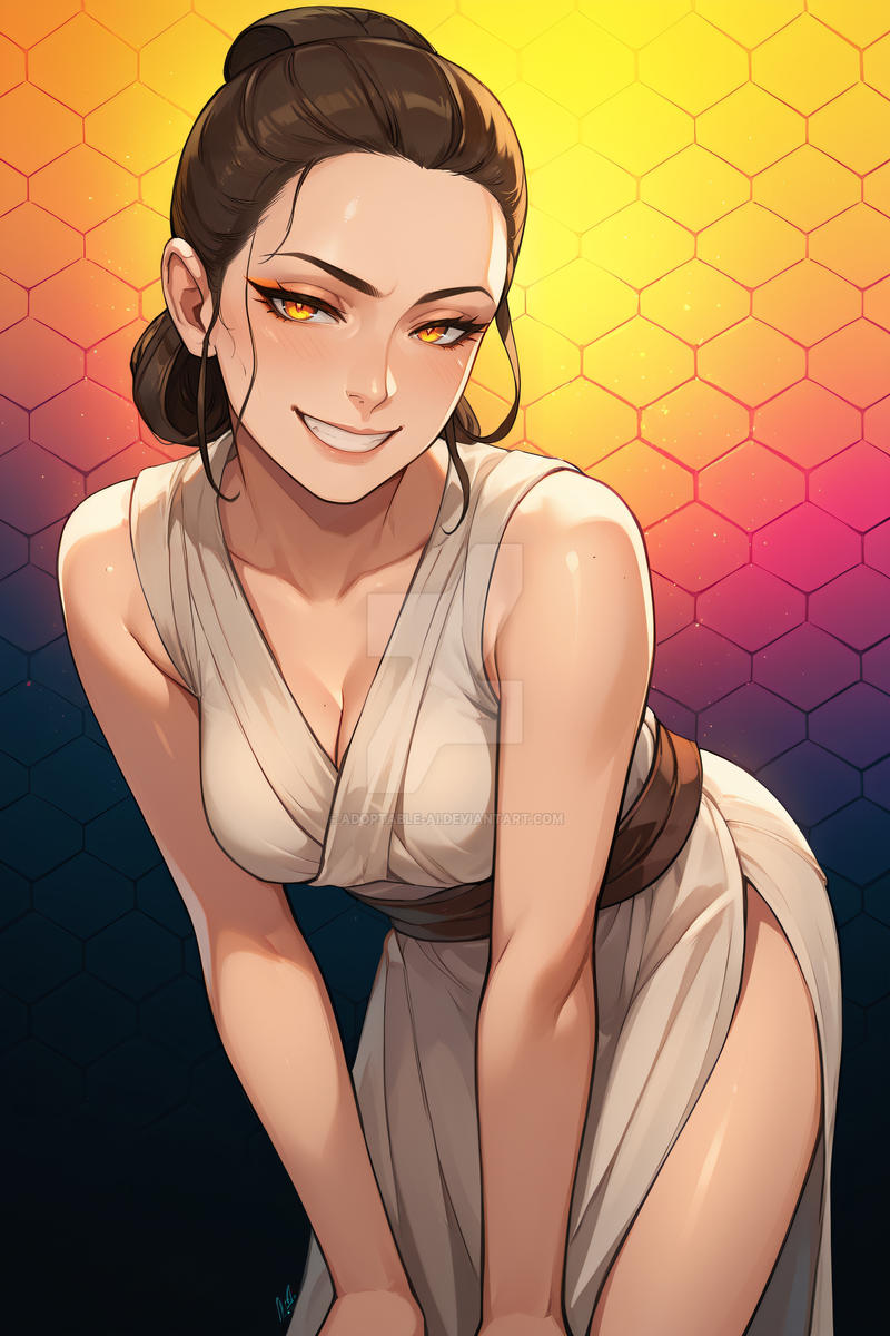 1girls, adoptable-ai, ai generated, bare arms, bare shoulders, blush, breasts, brown hair, cleavage, clothing, collarbone, dress, female, forehead, grin, hair bun, hair pulled back, hands on own knees, honeycomb (pattern), jedi, large breasts, leaning forward, looking at viewer, medium breasts, mole, rey, sash, side slit, single hair bun, sleeveless, sleeveless dress, smile, solo, star wars, teeth, thighs, white dress, yellow eyes