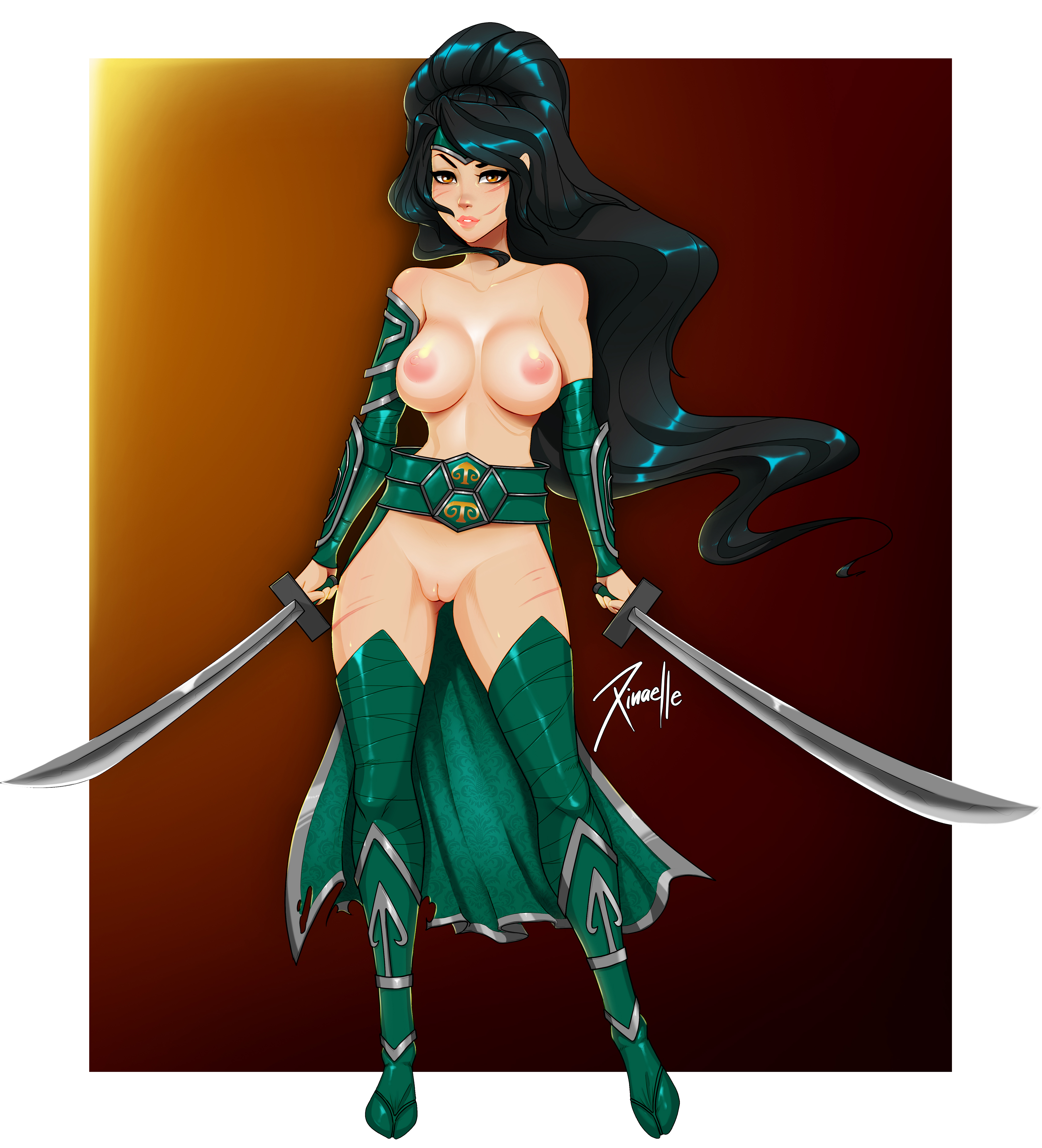 2017, akali, akali jhomen tethi, areolae, breasts, female, female only, full length, full-length portrait, innie pussy, league of legends, lipstick, looking at viewer, nipples, pussy, solo, standing, thighhighs, xinaelle