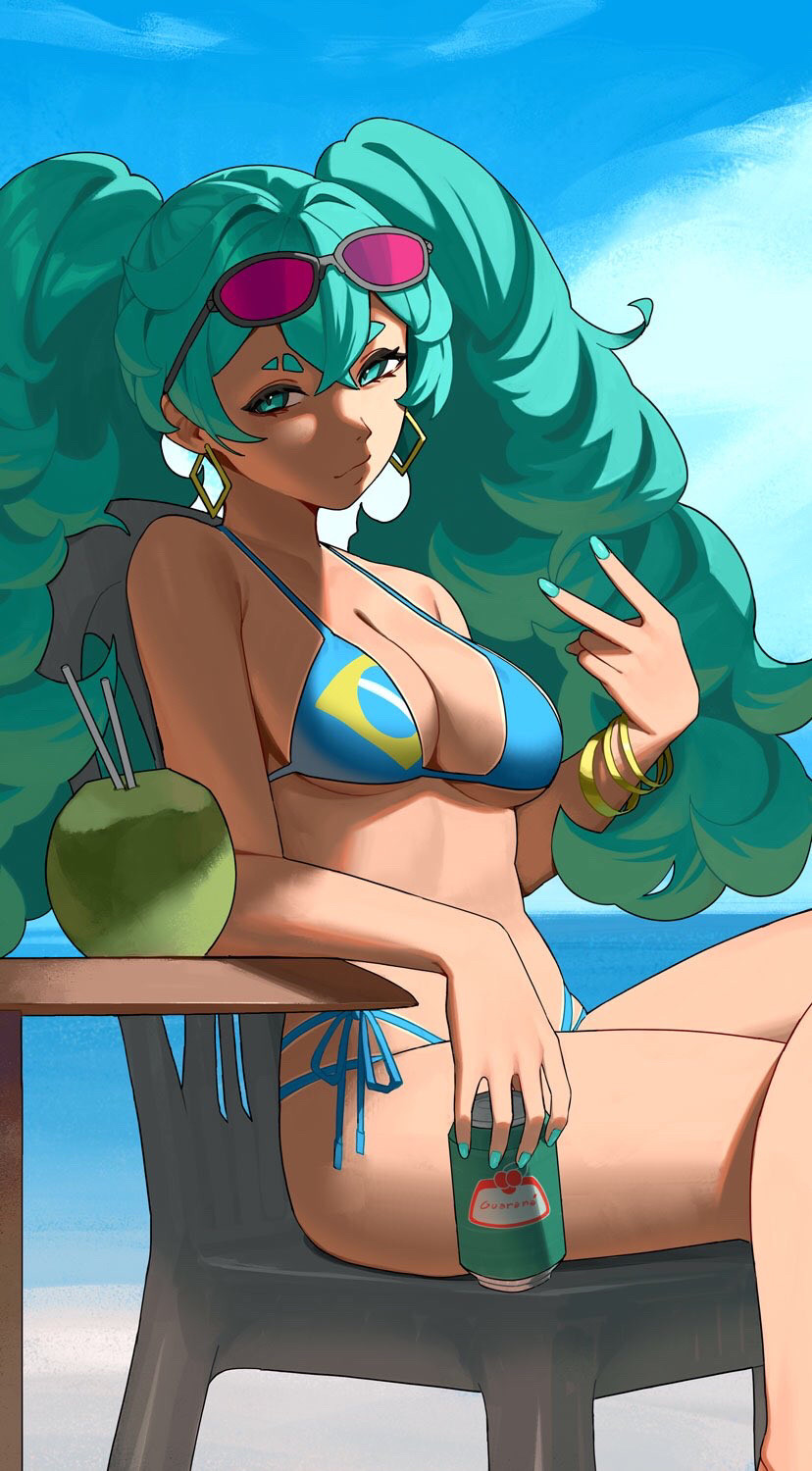 1girl, 1girls, alternate body type, alternate breast size, alternate hairstyle, aqua eyes, aqua hair, aqua nails, bangle, bare arms, bare belly, bare calves, bare chest, bare hands, bare hips, bare knees, bare legs, bare midriff, bare navel, bare shoulders, bare skin, bare thighs, beach, beer, beer can, belly, belly button, big breasts, bikini, bikini bottom, bikini only, bikini top, blue background, blue bikini, blue bikini bottom, blue bikini top, blue fingernails, blue nail polish, blue nails, blue sky, blue string bikini, blue swimsuit, blue swimwear, bracelet, brazilian miku, breasts, busty, busty female, can, chair, cleavage, closed mouth smile, cloud, clouds, coconut, collarbone, crossed legs, crossed legs (sitting), day, daylight, daytime, digital drawing, digital media, drinking straw, ear piercing, ear piercings, earrings, elbows, exposed arms, exposed belly, exposed chest, exposed hips, exposed legs, exposed midriff, exposed navel, exposed shoulders, exposed skin, exposed thighs, eyewear on head, female, female focus, female only, fingernails, fingers, green eyes, green hair, green-eyed female, green-haired female, hair between eyes, half naked, half nude, halterneck, hatsune miku, head tilt, high resolution, highres, jewelry, karassawa, knees, large boobs, large breasts, lean figure, legs crossed, lips, long hair, looking at viewer, medium breasts, midriff, nail polish, nails, naked, naked female, naked woman, narrow waist, navel, nude, nude female, nudity, ocean, outdoor, outdoor nudity, outdoors, outside, pierced ear, pierced ears, plump breasts, semi nude, shoulders, side-tie bikini, side-tie bikini bottom, sitting, sky, slender body, slender waist, slim waist, smile, smiley face, smiling, smiling at viewer, smirk, solo, string bikini, sunglasses, sunglasses on forehead, sunglasses on head, swimsuit, swimwear, thick thighs, thighs, tilted head, tinted eyewear, turquoise eyebrows, turquoise hair, turquoise nails, turquoise-haired female, twintails, twintails (hairstyle), upper body, v, very long hair, vocaloid, wavy hair