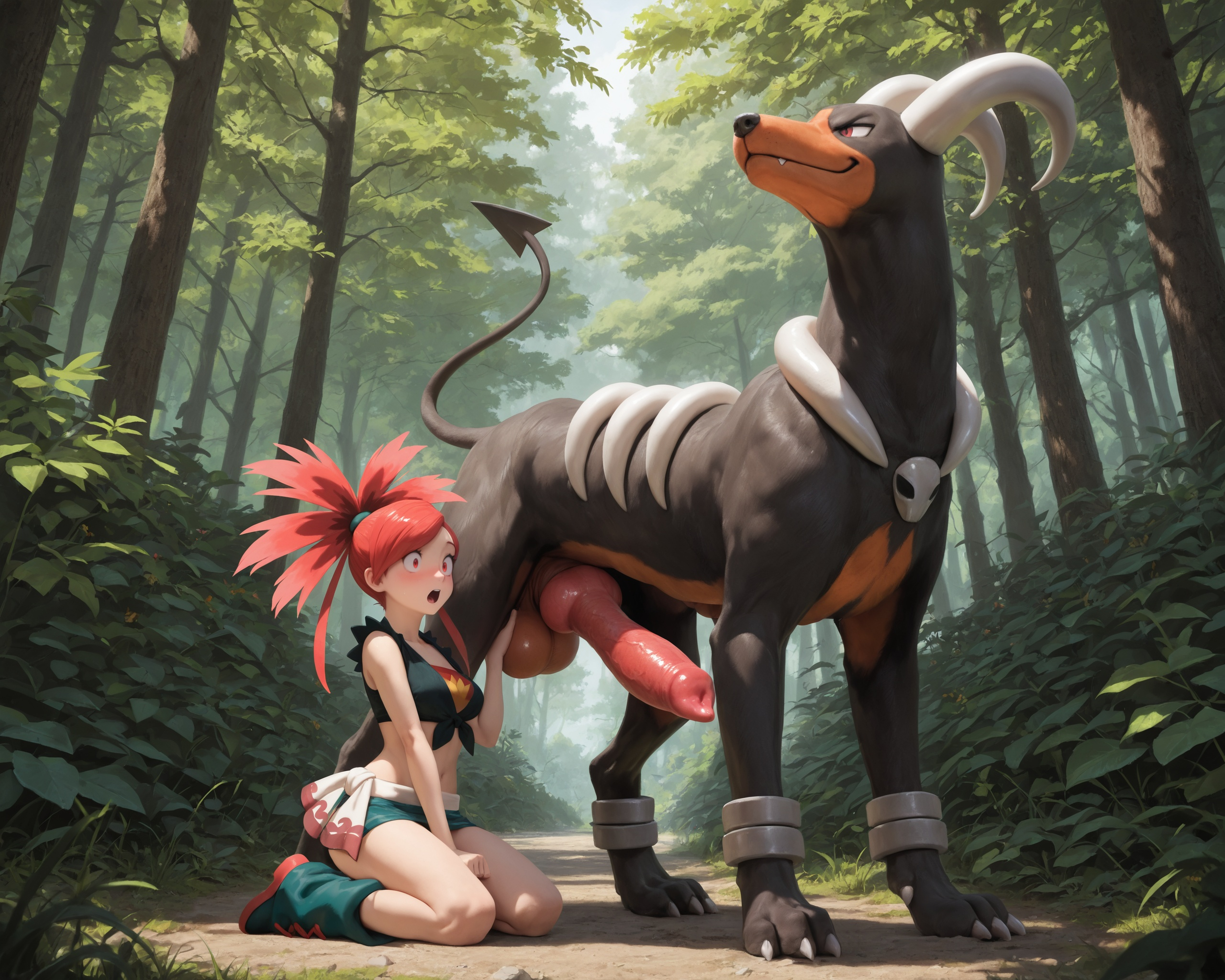 1boy, 1girls, ai generated, animal genitalia, animal penis, ass, balls, balls grab, big balls, big penis, black body, black fur, blush, bottomwear, breasts, canid, canine, canine genitalia, canine penis, claws, clothed, clothed female, clothing, confident, detailed background, digitigrade, dominant, dominant male, duo, erection, fangs, female, female on feral, feral, finger claws, flannery (pokemon), footwear, forest, fur, generation 2 pokemon, genitals, glistening, glistening genitalia, glistening penis, gym leader, hair, hand on balls, hi res, horn, houndoom, huge cock, human, human on feral, interspecies, kneeling, knot, larger feral, larger male, looking at another, looking at genitalia, looking at penis, male, male on human, male pokemon/female human, male/female, mammal, nintendo, open mouth, orange body, outside, penis, penis awe, plant, pokemon, pokemon (species), pokephilia, quadruped, red eyes, red hair, sheath, size difference, smaller female, smaller human, spade tail, suprise, surprise, tail, teeth, thick penis, toe claws, tree, vein, veiny penis, zoophilia