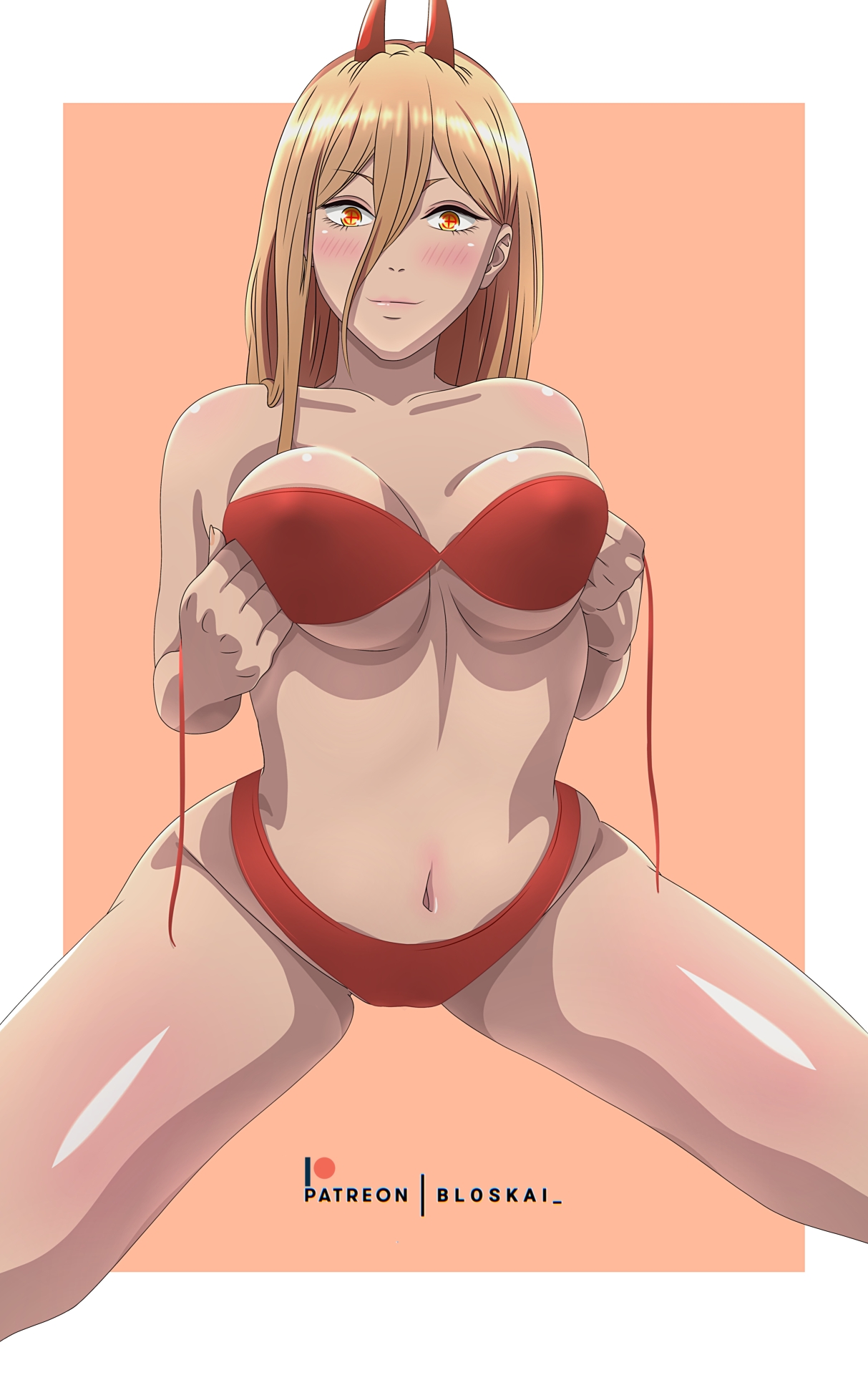 1girls, bare belly, bare chest, bare hands, bare hips, bare legs, bare midriff, bare navel, bare shoulders, bare thighs, belly, belly button, bewitching thighs, big breasts, bikini, bikini bottom, bikini only, bikini top, blonde eyebrows, blonde female, blonde hair, blonde-haired female, bloskai, breasts, busty, busty female, chainsaw man, child bearing hips, closed mouth smile, collarbone, curvaceous, curvaceous body, curvaceous female, curvaceous figure, curvaceous hips, curvy, curvy body, curvy female, curvy figure, curvy hips, demon girl, demon horns, digital drawing, digital media, elbows, exposed arms, exposed belly, exposed chest, exposed hips, exposed legs, exposed midriff, exposed navel, exposed shoulders, exposed skin, exposed thighs, female, female focus, female only, fingers, groin, hair between eyes, half naked, half nude, high resolution, highres, horn, horns, hourglass figure, large boobs, large breasts, lean figure, lips, long hair, looking at viewer, midriff, naked, naked female, naked woman, narrow waist, navel, nude, nude female, nudity, pink background, plump breasts, power (chainsaw man), red bikini, red bikini bottom, red bikini top, red horn, red horns, red string bikini, red swimsuit, red swimwear, semi nude, shoulders, simple background, slender body, slender waist, slim waist, smile, smiley face, smiling at viewer, smirk, solo, string bikini, swimsuit, swimwear, thick thighs, thighs, upper body, wide hips, yellow eyes, yellow-eyed female