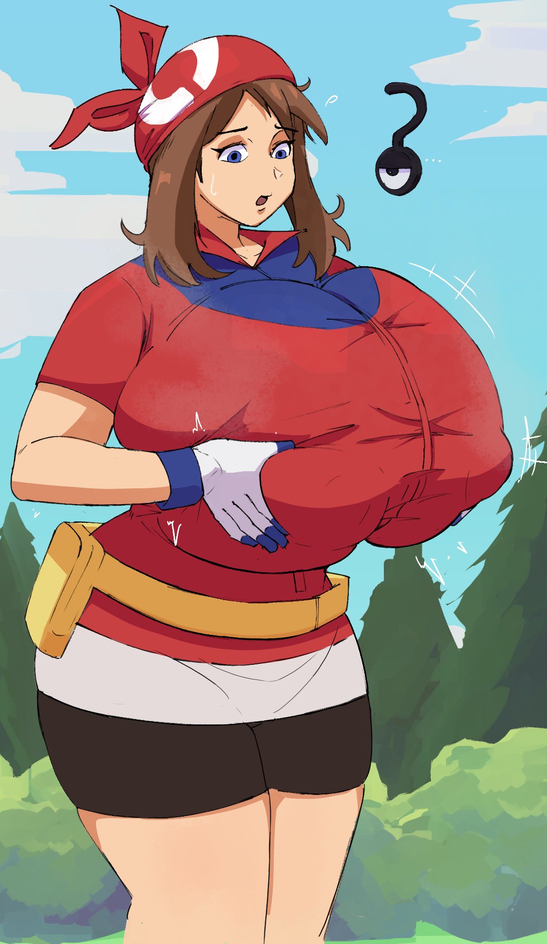 alternate breast size, alternate version available, fully clothed, gigantic breasts, huge breasts, may (pokemon), pokemon, sypsap, tagme, tight clothing, wardrobe malfunction