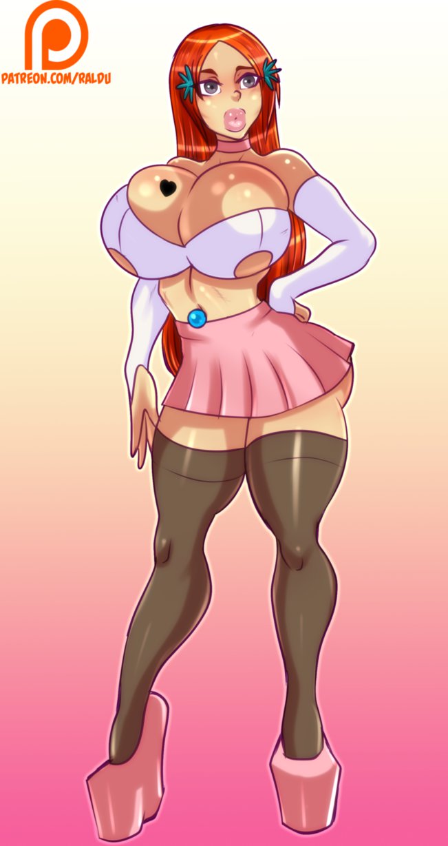 1girls, aged up, arms up, artist name, bare shoulders, big breasts, bimbo, bimbo body, bimbo lips, bleach, breasts, brown footwear, brown legwear, brown stockings, busty, choker, cleavage, curvy, elbow gloves, english text, erect nipple, fake breasts, female, female only, footwear, front view, gloves, grey eyes, hair ornament, hand on hips, hands on hip, hands on hips, hourglass figure, human, inoue orihime, legwear, long hair, looking at viewer, midriff, miniskirt, older, orange hair, patreon, pink skirt, pose, posing, raldu, shiny, shiny skin, silicone implants, simple background, skirt, socks, solo, standing, stockings, thick lips, tied hair, voluptuous, white gloves, wide hips