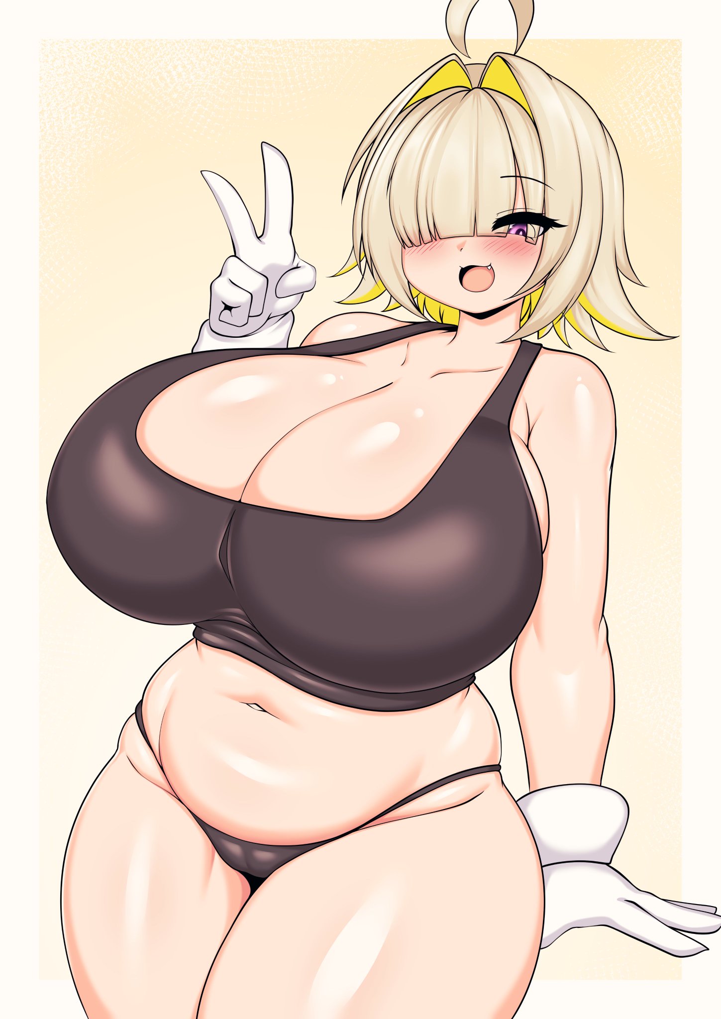 1girls, ahoge, big belly, big breasts, blush, blush lines, border, breasts, cleavage, cute fang, elegg (nikke), female, gloves, goddess of victory: nikke, huge breasts, light-skinned female, panties, peace sign, pink eyes, platinum blonde hair, solo, solo female, sports bra, tailzkim, thick thighs, thighs, white gloves
