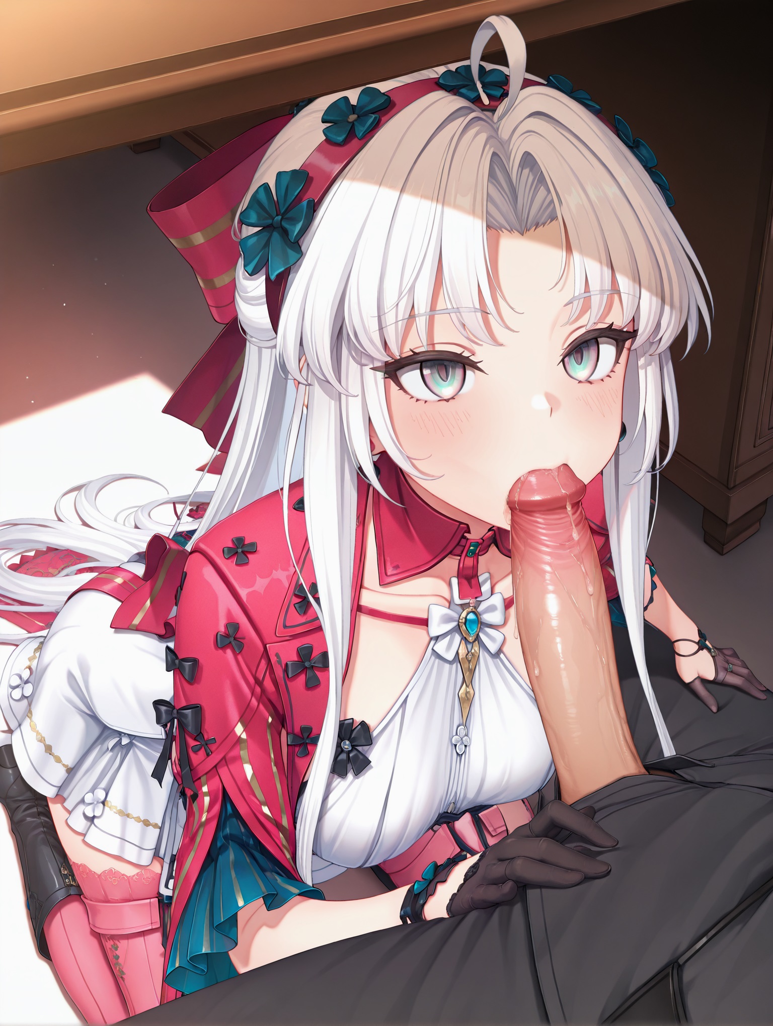 ai generated, blowjob, carlotta (wuthering waves), dressed, high quality, high resolution, highres, male, male rover (wuthering waves), penis, rover (wuthering waves), rukiakira, sucking, sucking penis, table, under the table, wuthering waves