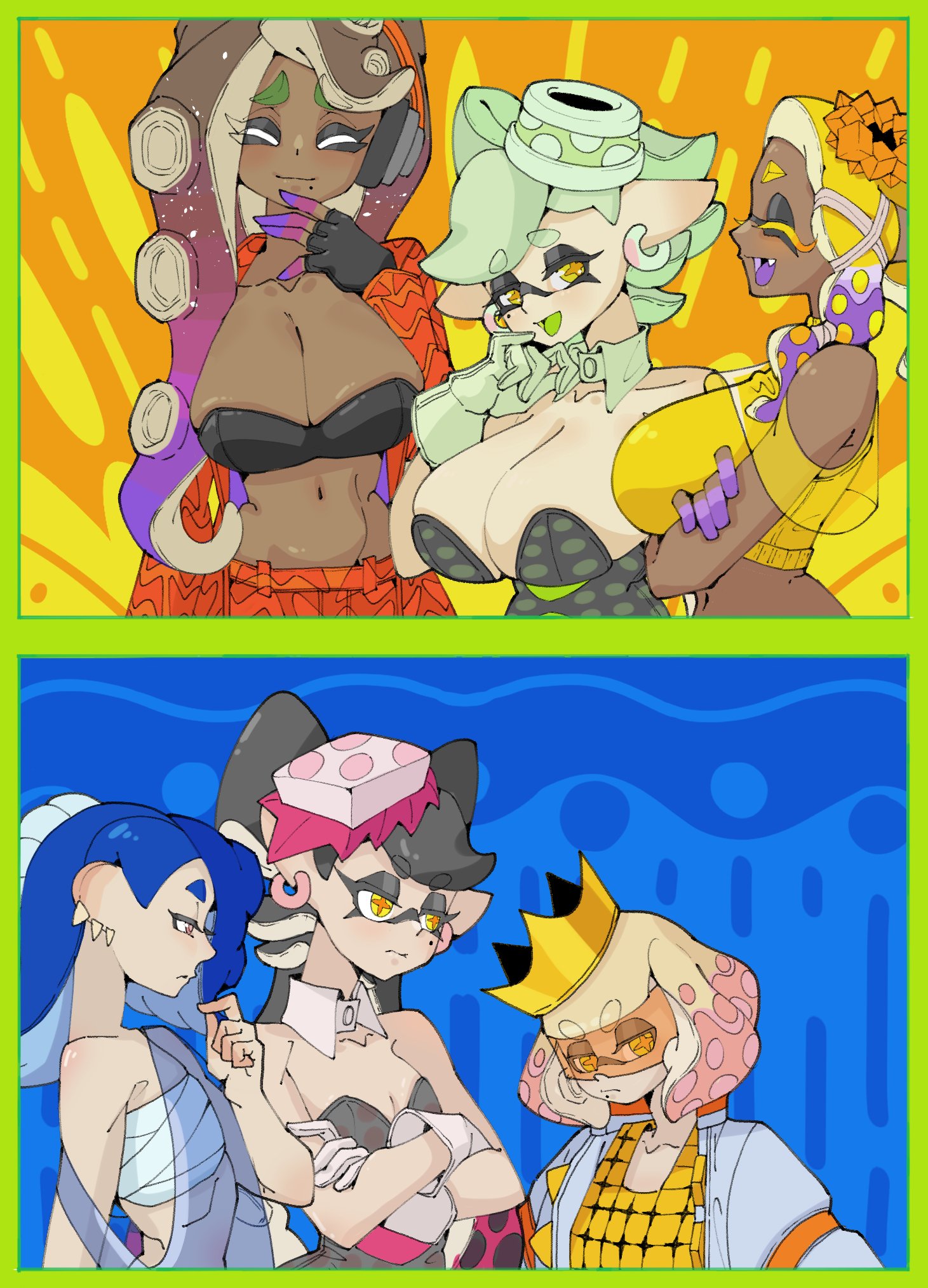 6girls, belly button, big breasts, black hair, blue background, blue hair, breast envy, breast size difference, breasts, callie (splatoon), closed eyes, clothed, clothed female, clothes, clothing, crown, dark skin, dark-skinned female, deep cut (splatoon), ear piercing, earrings, eyes closed, female, female only, femboy, frown, frowning, frye (splatoon), gloves, headphones, headset, headwear, inkling, inkling girl, male, marie (splatoon), marina (splatoon), nintendo, octoling, octoling girl, off the hook (splatoon), pearl (splatoon), pink highlights, purple tongue, shiver (splatoon), smile, smiling, splatoon, splatoon (series), splatoon 2, splatoon 3, squid sisters, tagme, white hair, yellow background, yellow eyes, yellow hair, yellow tongue, 破坏海胆 boom (artist)