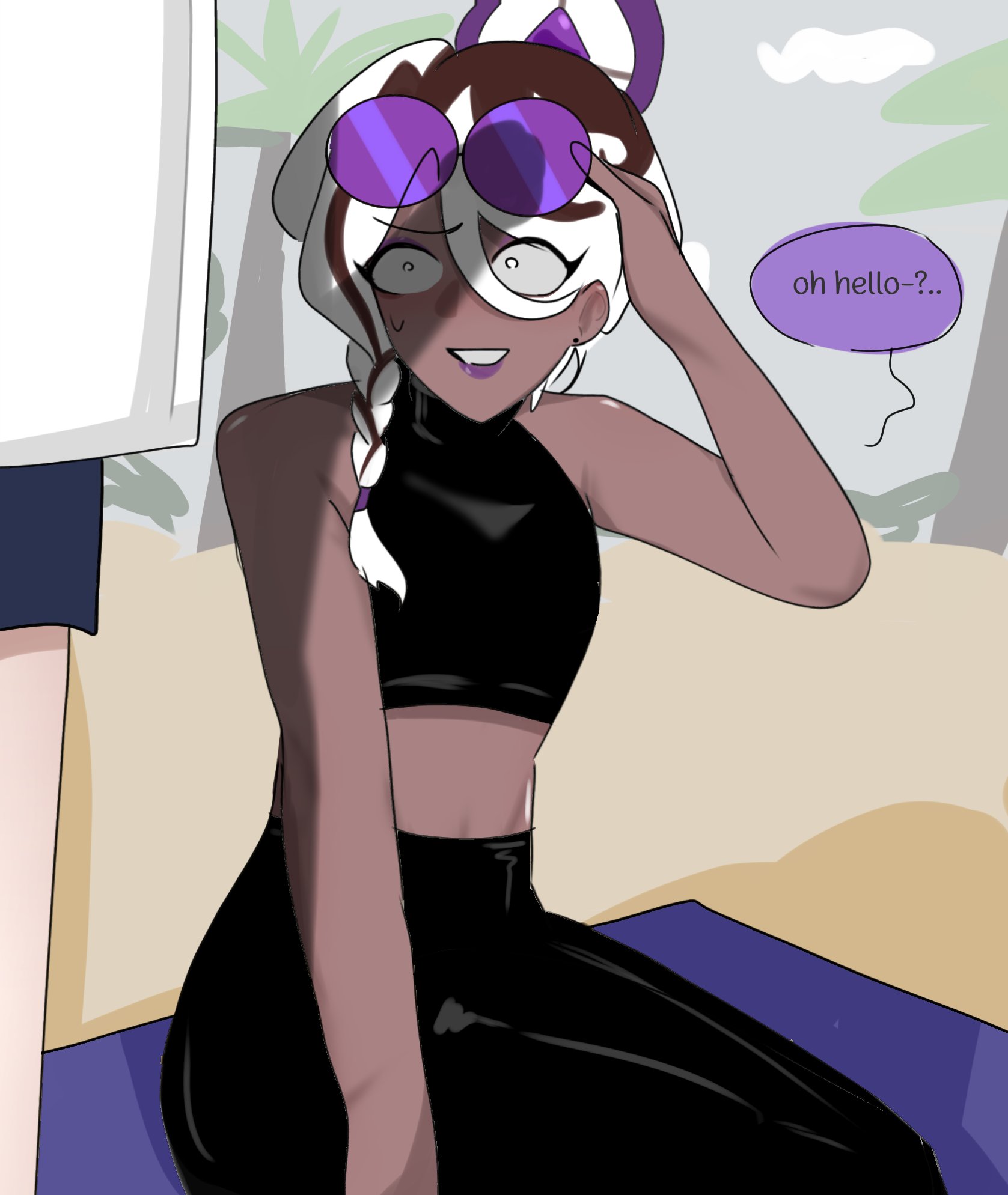 1boy, 2d, affogato cookie, beach, braided hair, clothed, clothed male, color, cookie run, cookie run kingdom, crop top, dark skin, dark-skinned femboy, dark-skinned male, english text, femboy, humanized, implied yaoi, leggings, male, male focus, male only, multicolored hair, navel, non-nude, penis, penis shadow, self upload, speech bubble, sunglasses, zilvazy