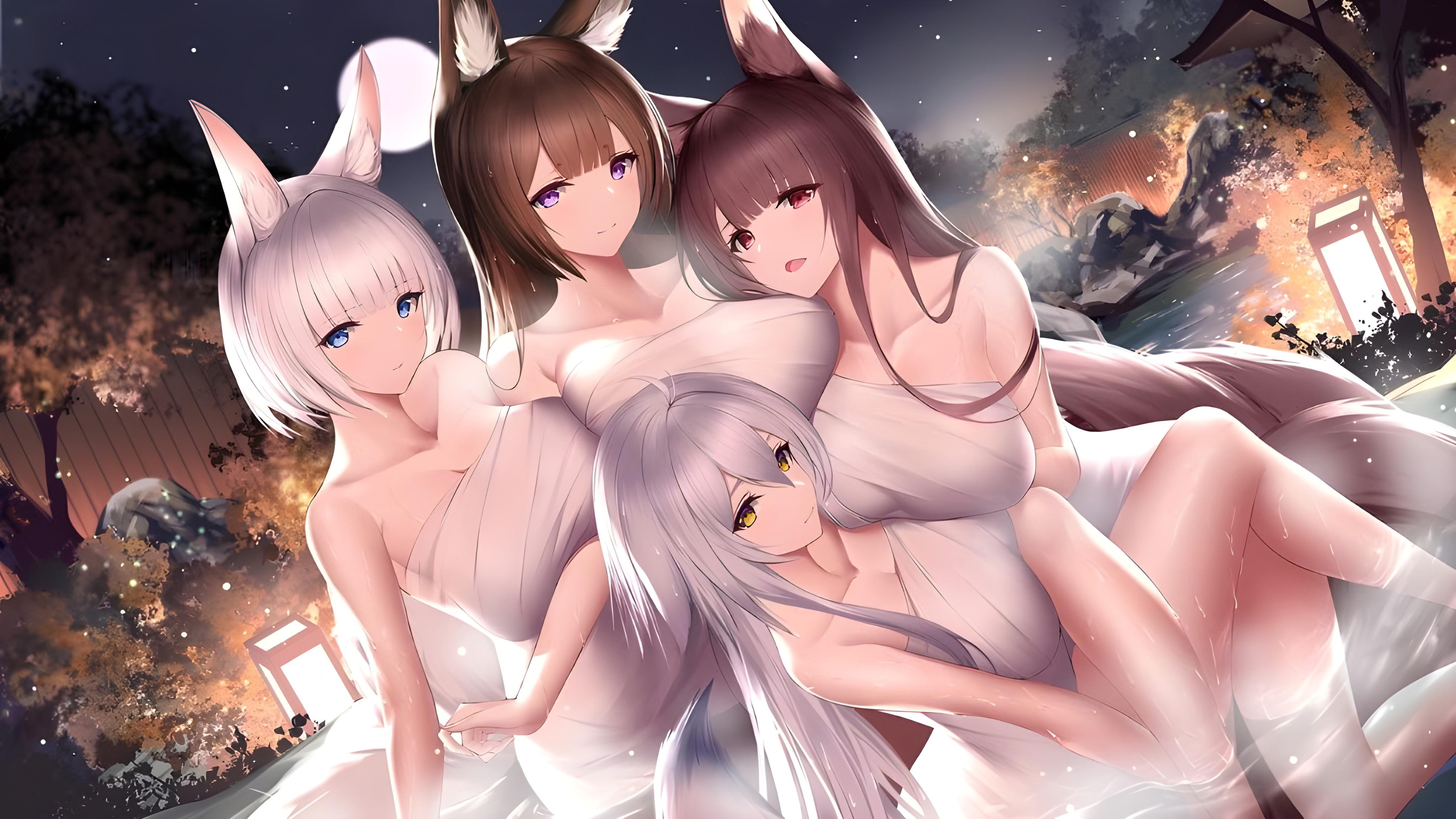 4girls, akagi (azur lane), all fours, amagi (azur lane), animal ear fluff, animal ears, azur lane, bare shoulders, blue eyes, blunt bangs, blush, breast press, breasts, brown hair, brown tail, cg, cleavage, closed mouth, collarbone, dutch angle, female, fox ears, fox girl, fox tail, hair between eyes, hug, huge breasts, kaga (azur lane), kitsune, lantern, large breasts, long hair, looking at viewer, moon, multi tail, multiple females, multiple girls, naked towel, night, night sky, onsen, open mouth, outdoors, partially submerged, purple eyes, red eyes, short hair, sitting, sky, smile, star (sky), starry sky, steam, tail, tosa (azur lane), towel, tree, very long hair, water, wet, white hair, yellow eyes