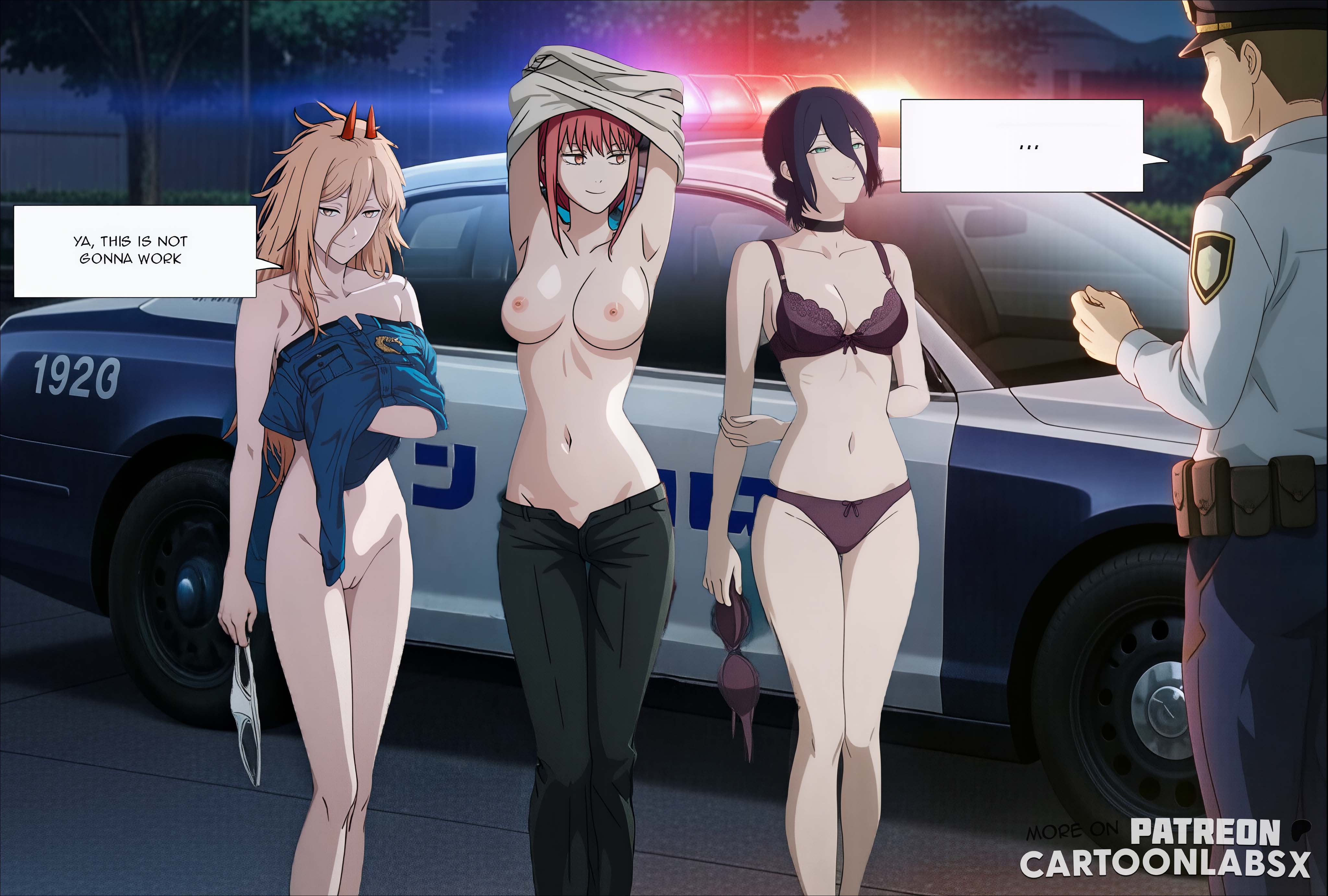 ai generated, anime, anime girl, anime style, arrest, arrested, blonde female, blonde hair, blonde-haired female, bottomless, bottomless female, breasts, casual, casual exposure, casual nudity, chainsaw man, cute, cute face, grabbing, legs, makima (chainsaw man), no panties, panties, panties around leg, panties aside, panties down, panties removed, police, police uniform, power (chainsaw man), pulling, pulling clothing, pulling down pants, pulling panties, red hair, removing shirt, reze (chainsaw man), sexy, sexy body, sexy female, story, story at source, story in picture, stripping, submissive, submissive female, taking clothes off, taking off panties, text, text box, text bubble, tits out, visible pussy
