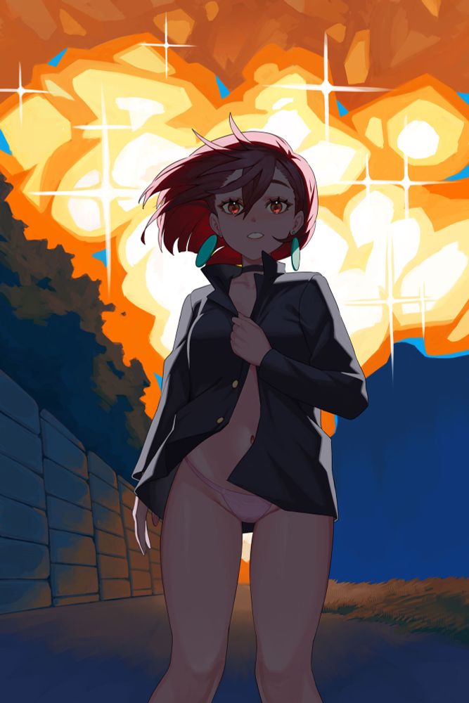 1girls, ayase momo, backlighting, bare calves, bare hands, bare knees, bare legs, bare navel, bare skin, bare thighs, belly, belly button, breasts, brown eyes, brown hair, brown-eyed female, brown-haired female, choker, collarbone, dandadan, digital drawing, digital media, earrings, explosion, exposed legs, exposed navel, exposed skin, exposed thighs, female, female focus, female only, fingers, groin, gyaru, hair between eyes, half naked, half nude, high resolution, high school student, highres, karassawa, knees, lean figure, long hair, looking at viewer, medium breasts, momo ayase, naked, naked female, naked woman, narrow waist, navel, nude, nude female, nudity, outdoor, outdoor nudity, outdoors, outside, parted lips, scene reference, schoolgirl, semi nude, shoulders, slender body, slender waist, slim waist, solo, standing, teenage female, teenager, thigh gap, thighs, tomboyish, upper body, young female, young woman