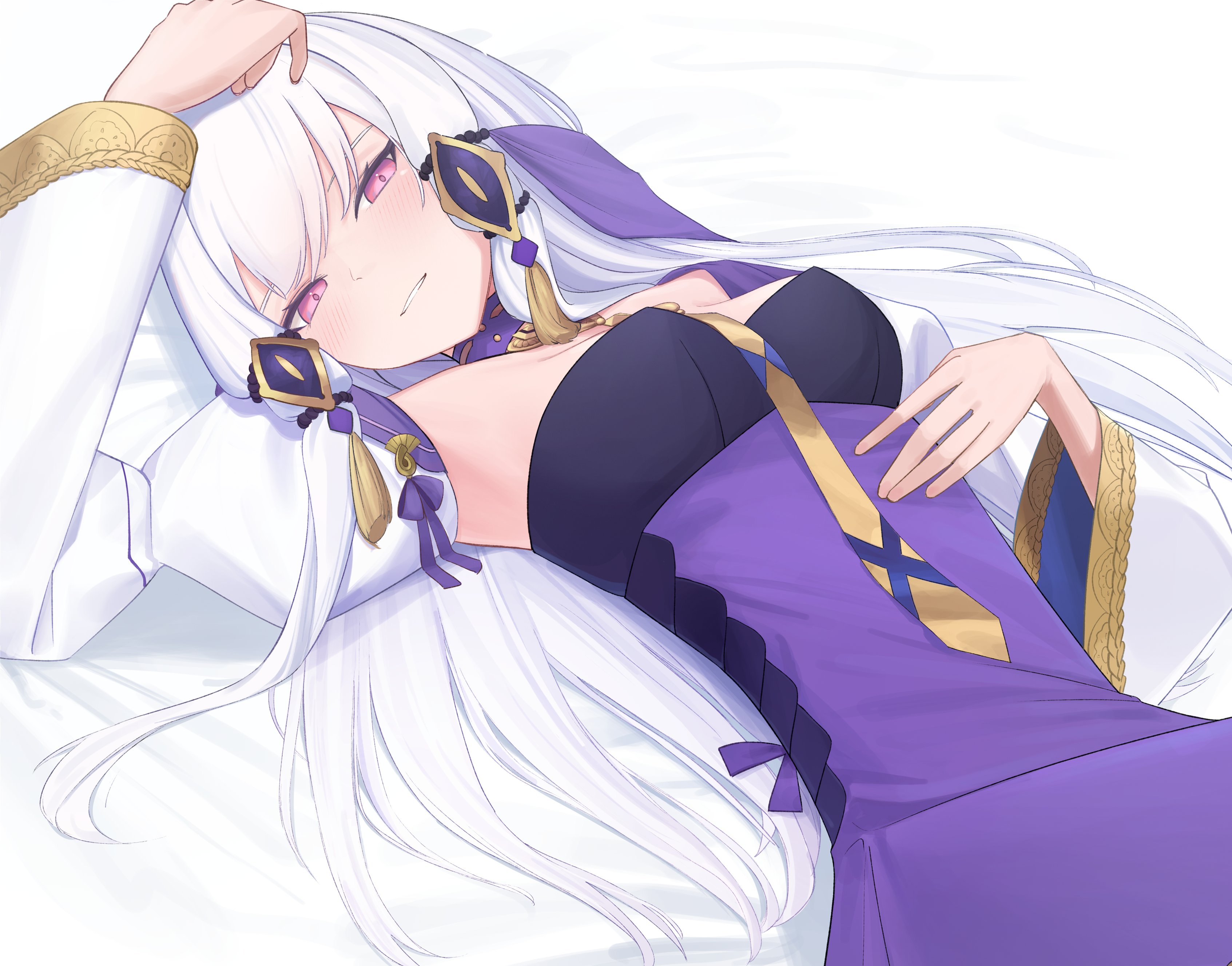 1girls, absurdres, blush, breasts, choker, commentary request, dokon, dress, female, fire emblem, fire emblem: three houses, hair ornament, highres, long hair, long sleeves, looking at viewer, lying, lysithea von ordelia, lysithea von ordelia (timeskip), on back, parted lips, pink eyes, purple choker, purple dress, simple background, small breasts, smile, solo, teeth, upper body, white background, white hair