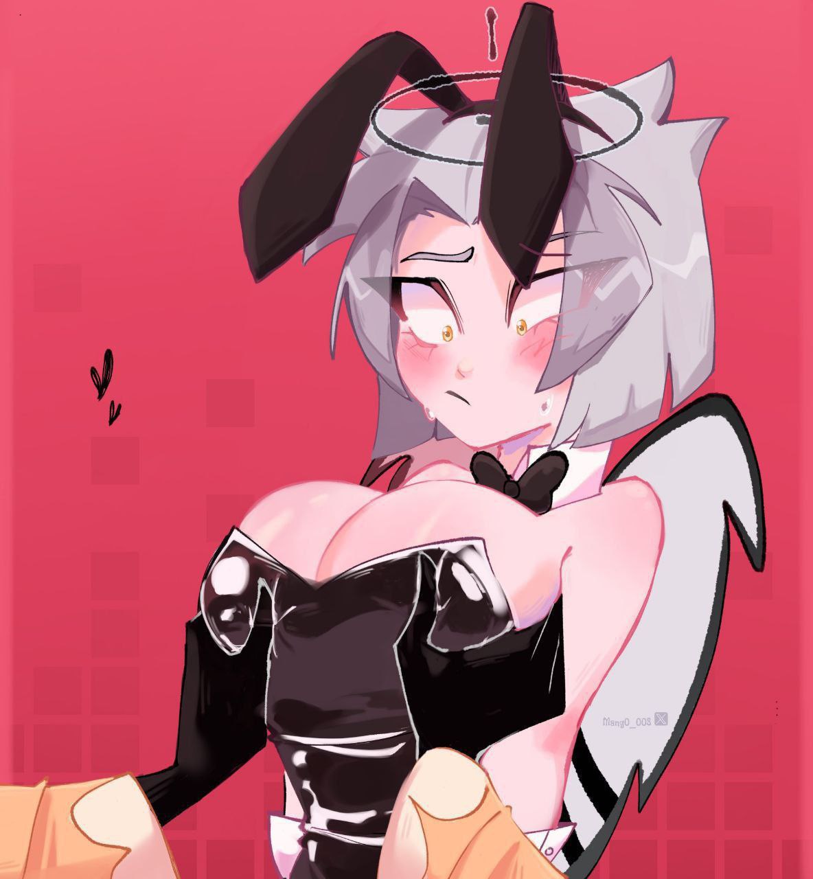 1boy1girl, adam (hazbin hotel), angel boy, angel girl, angel humanoid, angel wings, artist request, black halo, blushing female, breasts, bunny ears, confused look, female, guitarspear, hazbin hotel, hellaverse, lute (hazbin hotel), male, red background, short hair, touching breasts, vivienne medrano, vivziepop, white hair