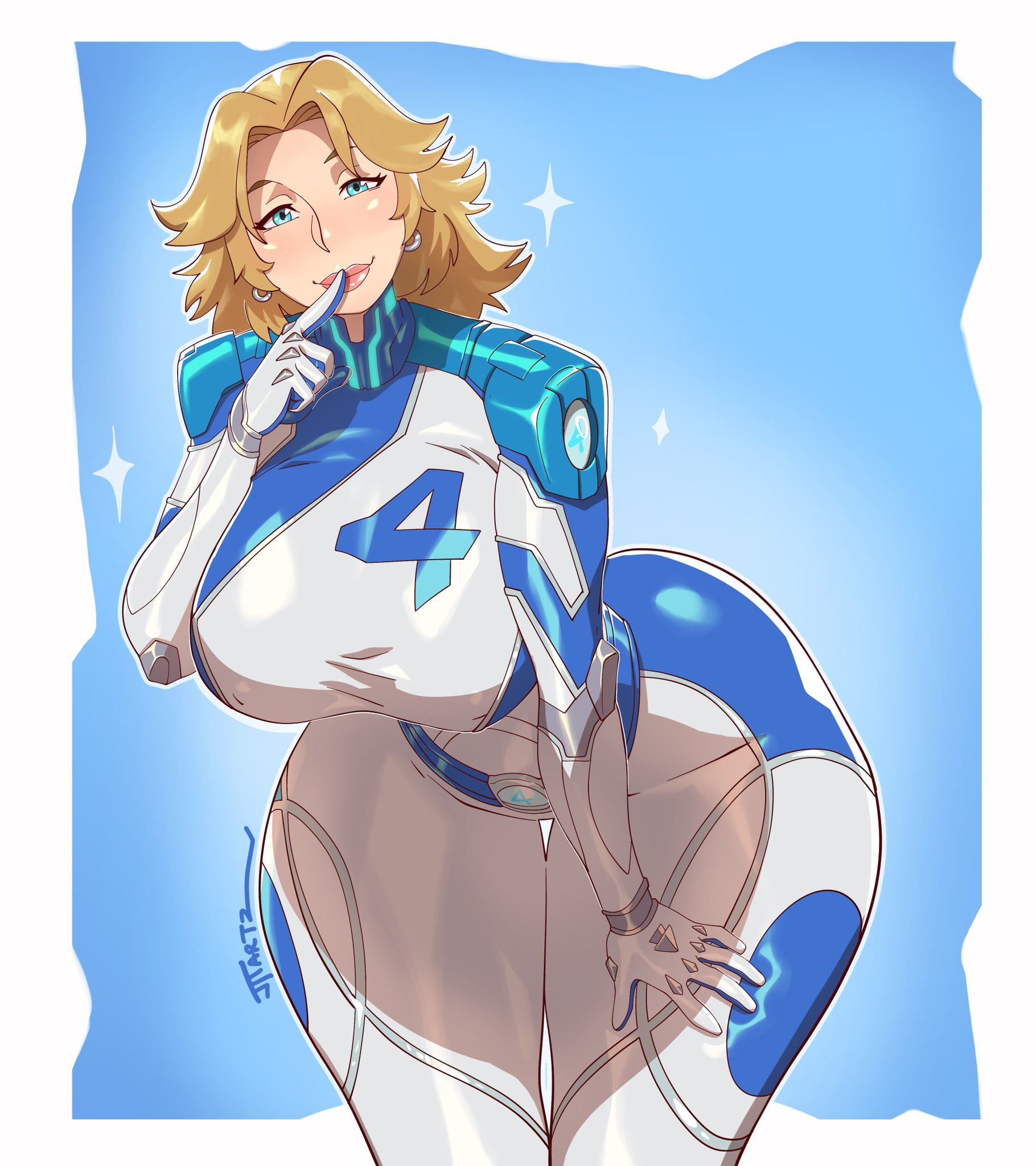 1girls, big breasts, blonde hair, blue eyes, bodysuit, breasts, ear piercing, earrings, female, female only, finger on lip, hair, hand on thigh, hips, huge breasts, invisible woman, invisible woman (marvel rivals), jtt artz, lips, long hair, marvel, marvel comics, marvel rivals, mature, mature female, mature woman, milf, plump, solo, solo female, sparkles, sue storm, superhero costume, superheroine, thick thighs, thighs, white bodysuit, wide hips