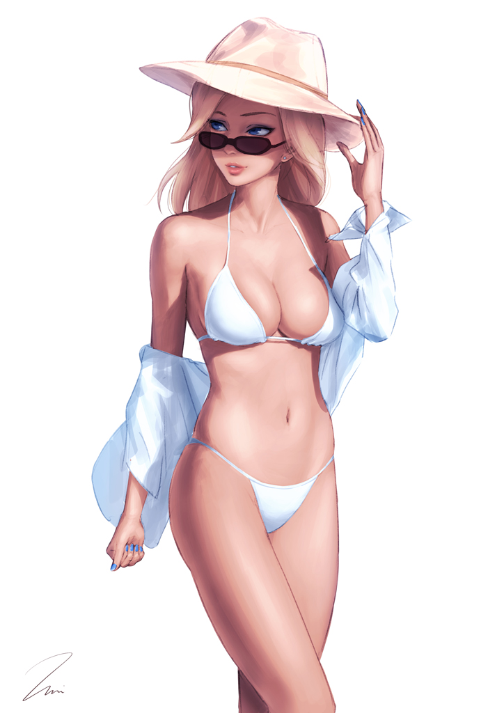 1girls, bikini, blonde hair, breasts, cleavage, female, female only, light skin, light-skinned female, long hair, mercy, overwatch, simple background, solo, umitaro, white background
