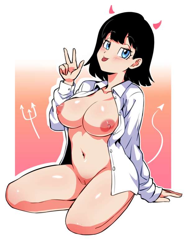 breasts, breasts out, dragon ball, dragon ball super, dragon ball z, female, half naked, on knees, peace sign, suggestive look, suggestive pose, tongue out, videl, videl (dragon ball super)