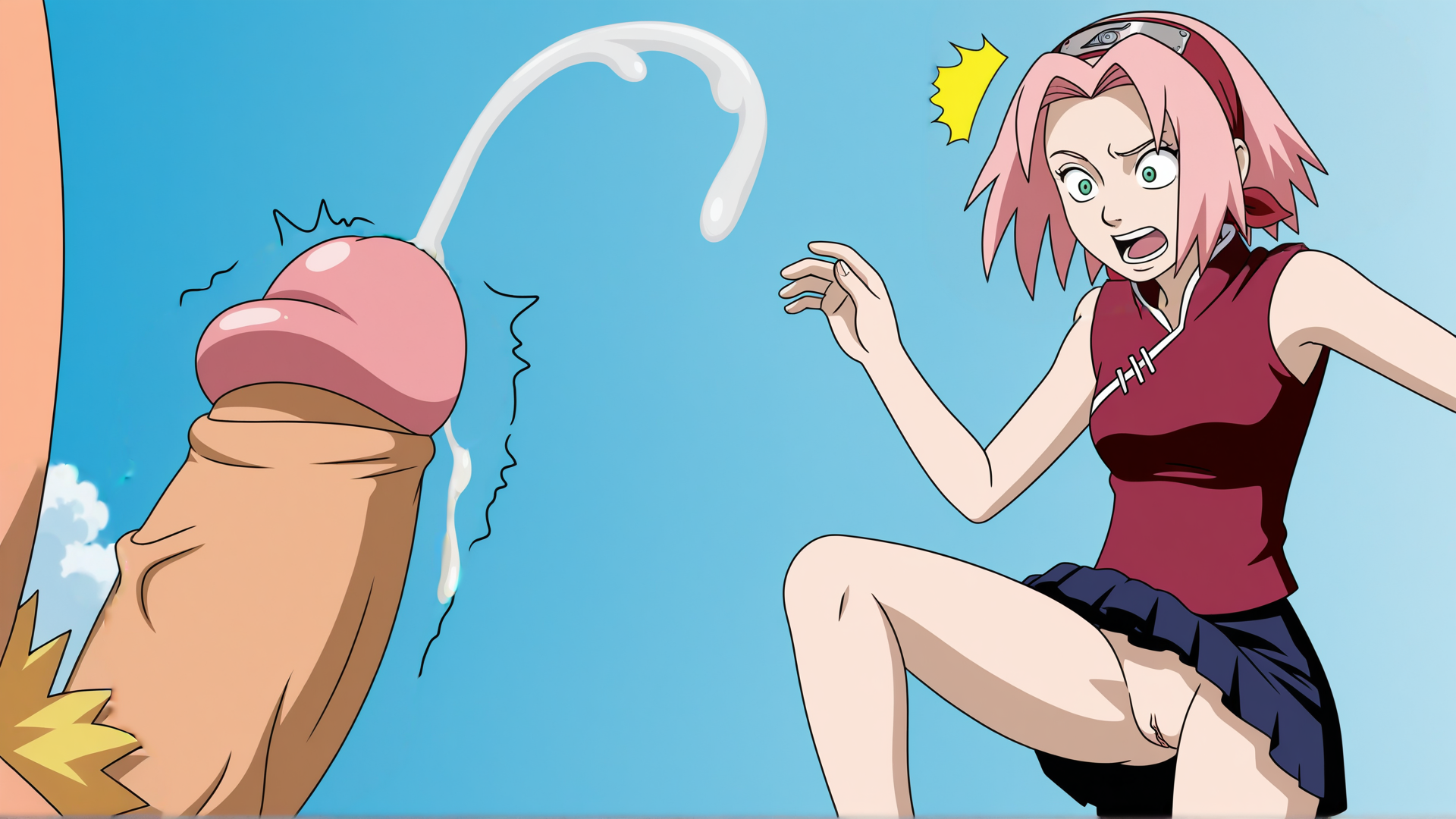 1boy, 1girls, action lines, action pose, ai assisted, blue skirt, cloud, constricted pupils, cum, cum drip, cum dripping from penis, cumshot, ejaculation, erection, female, green eyes, handsfree ejaculation, headband, legs, male, naruto, naruto (series), outdoors, pale-skinned female, penis, pink hair, premature cumshot, premature ejaculation, projectile cum, pubic hair, pussy, red shirt, sakura haruno, shocked, sky, straight, surprised, surprised expression, twitching penis, unexpected cumshot, upskirt, upskirt view, uzumaki naruto, veiny penis