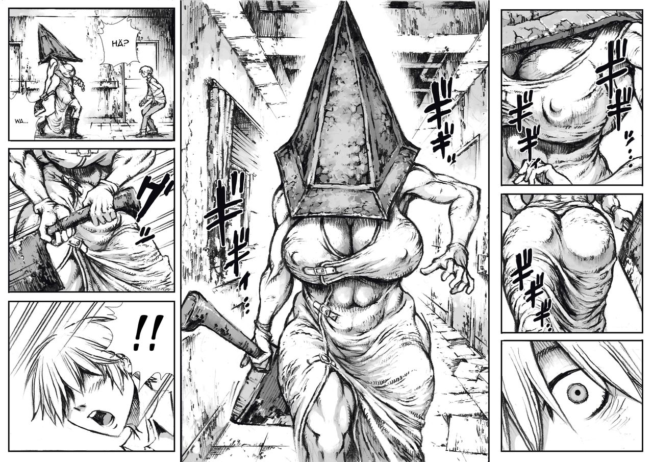 comic, deutsch, double deck, double deck (artstyle), double deck seisakujo, end of location, female, female pyramid head, german, german text, james sunderland, monochrome, parody, pyramid head, rule 63, silent hill, silent hill 2, translated