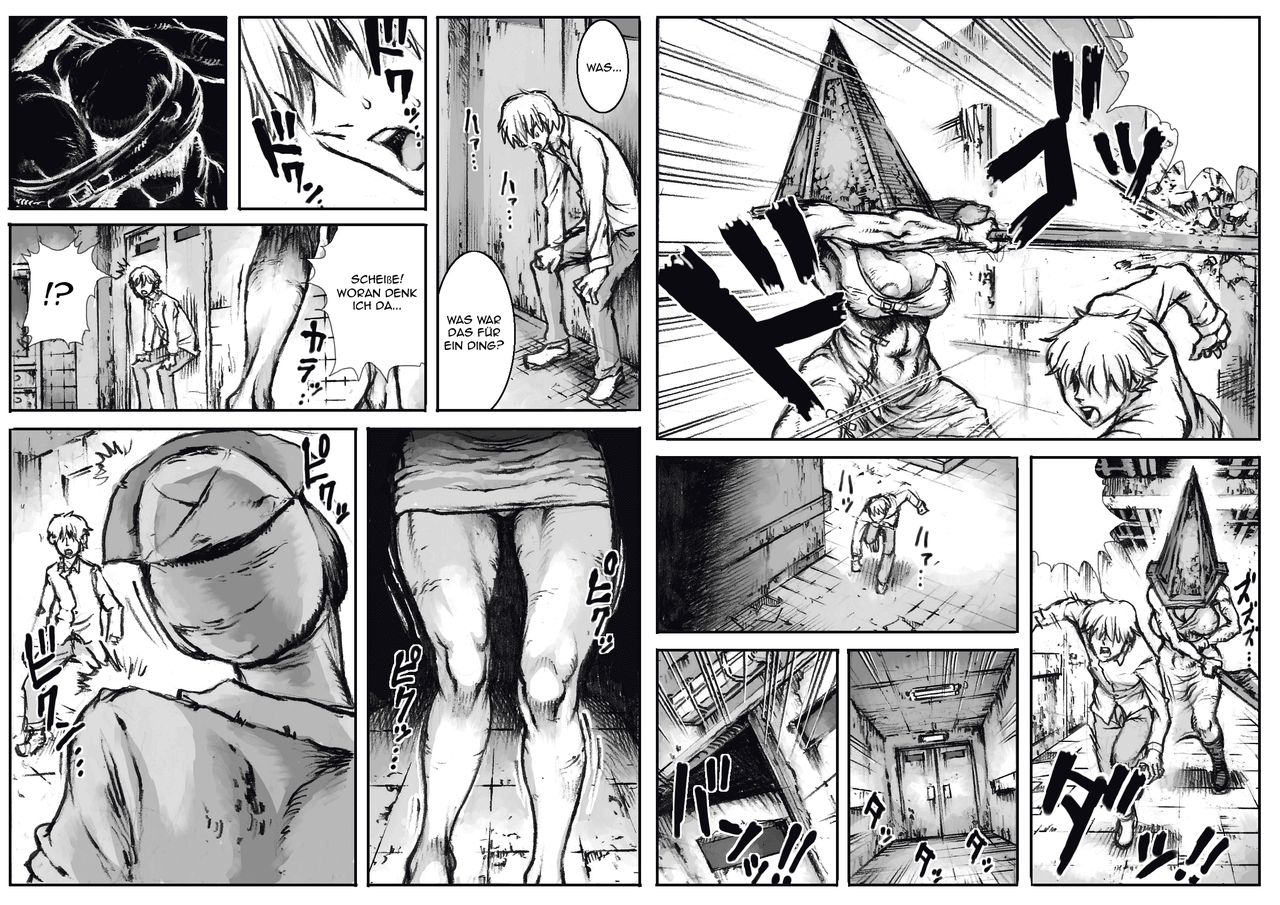 bubble head nurse, comic, deutsch, double deck, double deck (artstyle), double deck seisakujo, end of location, female, female pyramid head, german, german text, james sunderland, monochrome, nurse, parody, pyramid head, rule 63, silent hill, silent hill 2, translated