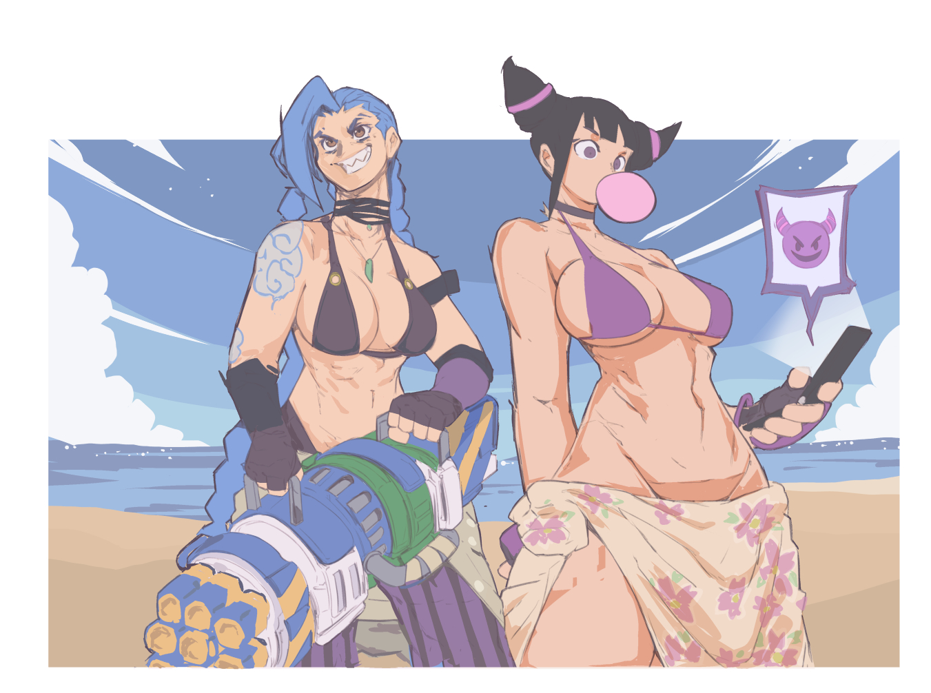 7 passes, arcane, arcane jinx, bikini, crossover, eastern and western character, jinx (league of legends), juri han, league of legends, street fighter, swimsuit, tagme