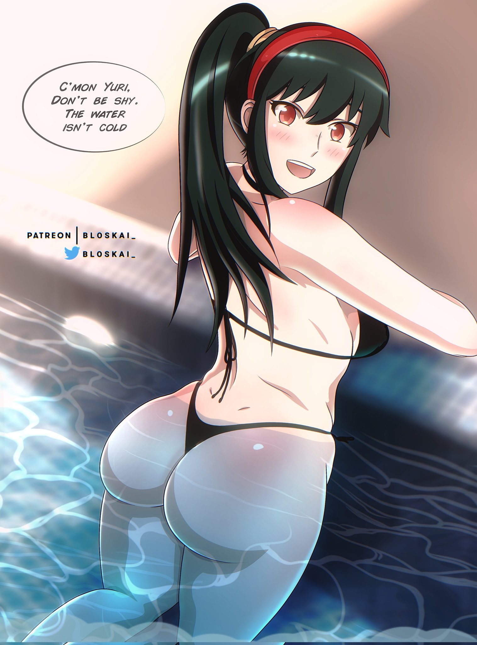 1girls, adoptive mother, adult female, alternate hairstyle, anime milf, ass, ass cleavage, back, back-tie bikini, back-tie swimwear, bare ass, bare back, bare butt, bare hips, bare legs, bare shoulders, bare thighs, bewitching thighs, bikini, bikini bottom, bikini only, bikini top, black bikini, black bikini bottom, black bikini top, black hair, black string bikini, black swimsuit, black swimwear, black-haired female, bloskai, blurred background, blurry background, blush, blush face, blushing female, blushing lines, breasts, bubble butt, busty milf, butt crack, curvaceous, curvaceous body, curvaceous female, curvaceous figure, curvaceous hips, curvaceous thighs, curvy, curvy body, curvy female, curvy figure, curvy hips, curvy thighs, dialogue, dialogue bubble, digital drawing, digital media, dripping wet, elbows, english, english dialogue, english text, exposed arms, exposed ass, exposed back, exposed butt, exposed hips, exposed legs, exposed shoulders, exposed skin, exposed thighs, female, female focus, female only, hair between eyes, hairband, half submerged, halterneck, high resolution, highres, hot milf, hourglass figure, large breasts, lean figure, lips, long hair, looking at viewer, looking back, looking back at viewer, milf, narrow waist, open mouth, open mouth smile, parted lips, partially submerged, partially submerged legs, ponytail, red eyes, red-eyed female, shoulders, sideboob, sidelocks, simple background, slender body, slender waist, slim waist, smile, smiley face, smiling at viewer, soaked, solo, spy x family, standing, string bikini, submerged feet, submerged legs, swimsuit, swimwear, text, text bubble, thick thighs, thighs, thong bikini, tongue, upper body, upper teeth, water, wet, wet ass, wet bikini, wet body, wet legs, wet skin, wet swimsuit, wet thighs, wide hips, yor briar, yor forger, young milf, young woman and milf